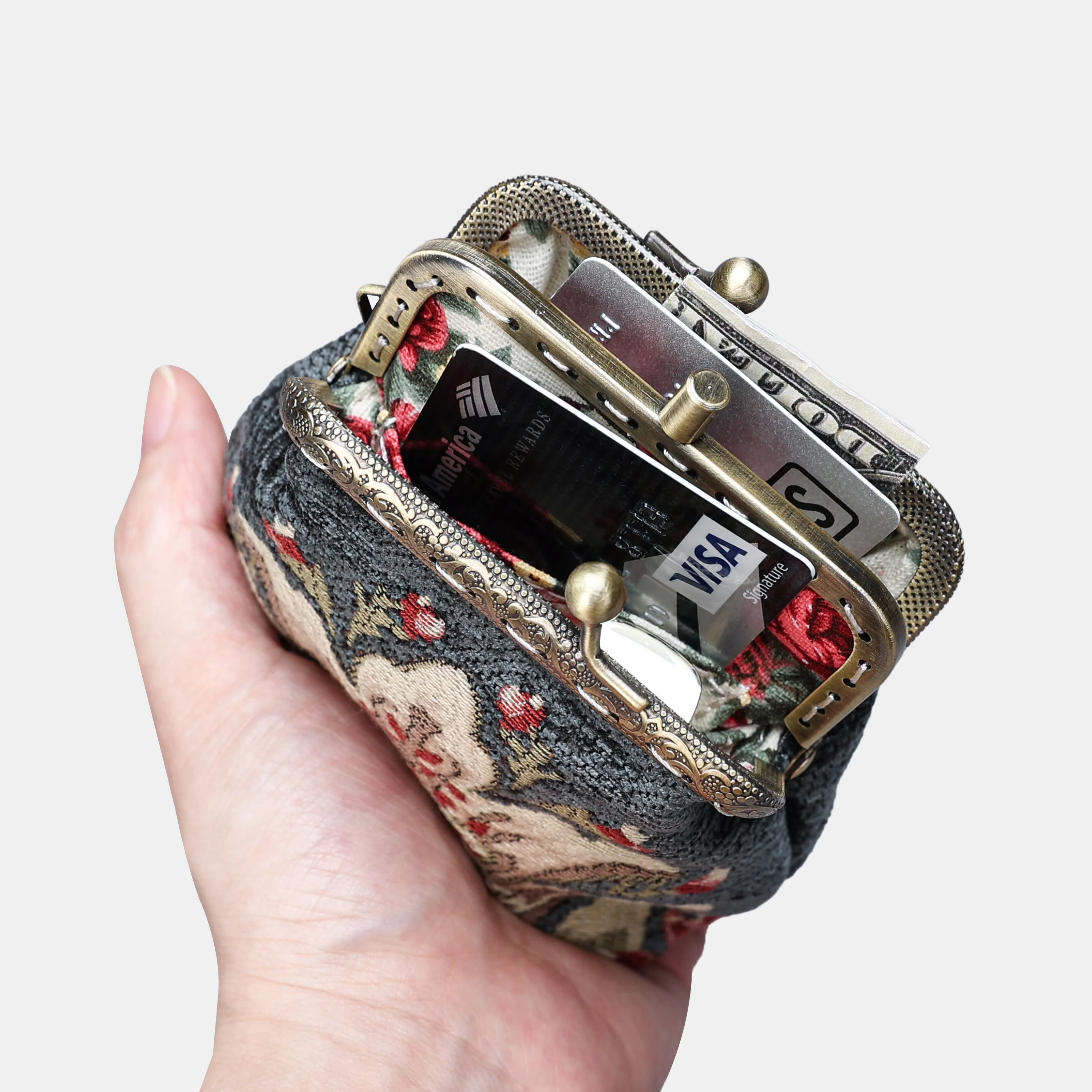 Baroque Floral Green Gray Double Kiss Clasp Coin Purse - Image 3