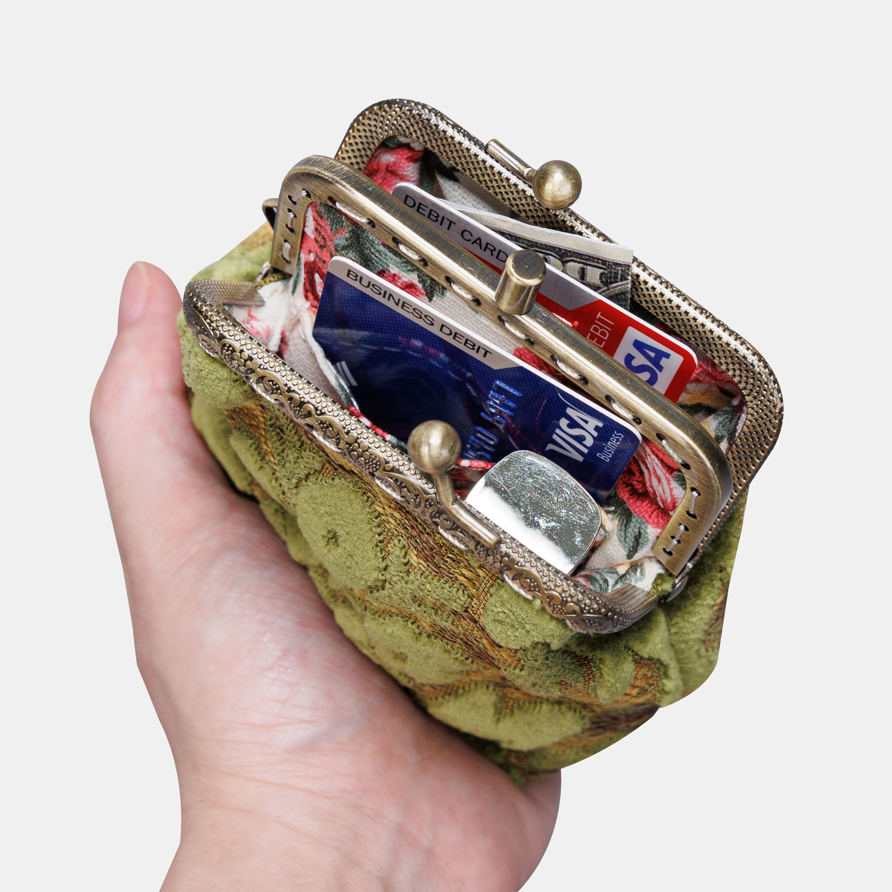Burnout Velvet Fern Green Double Kiss Clasp Coin Purse - Image 3