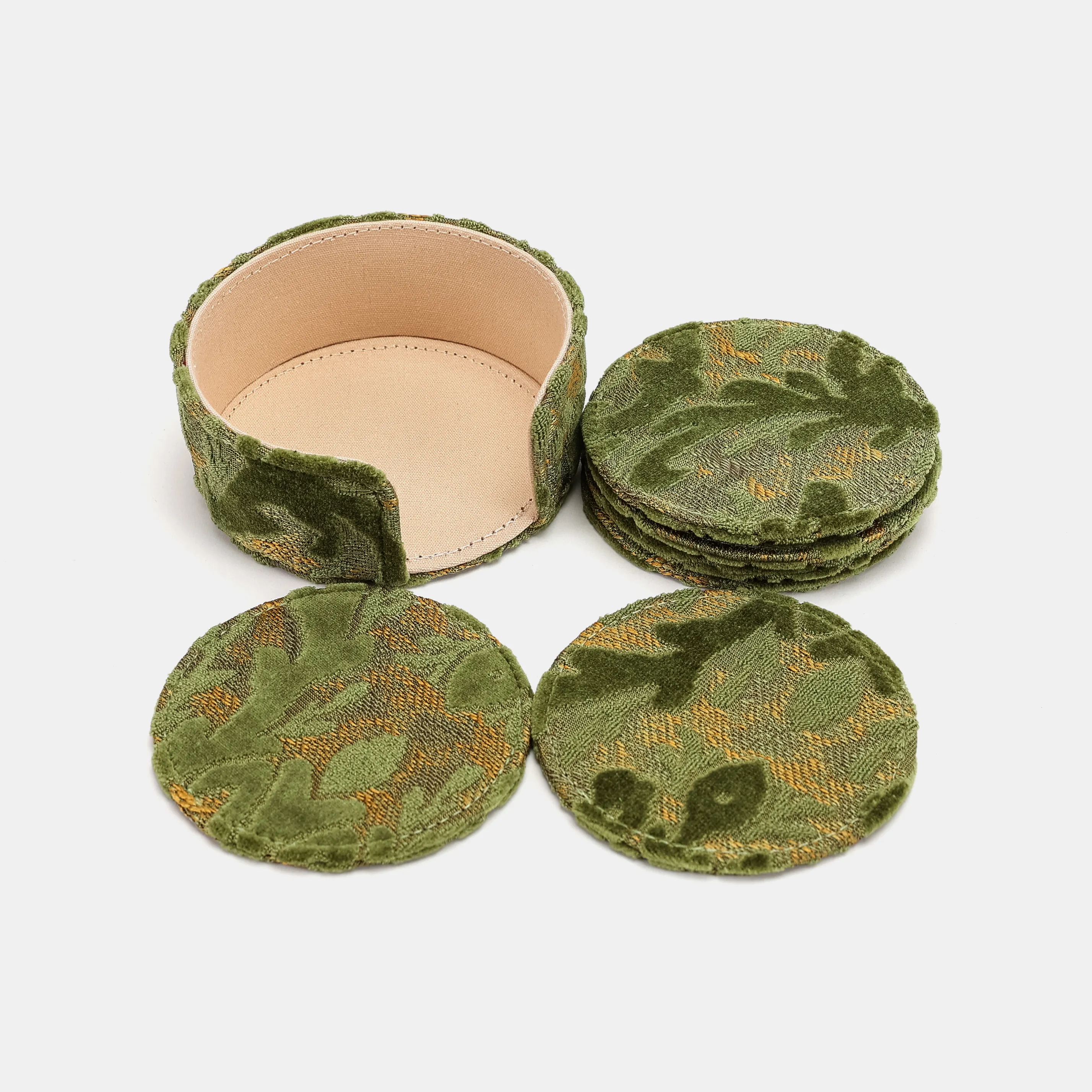 Burnout Velvet Fern Green Round Coaster Set with Holder