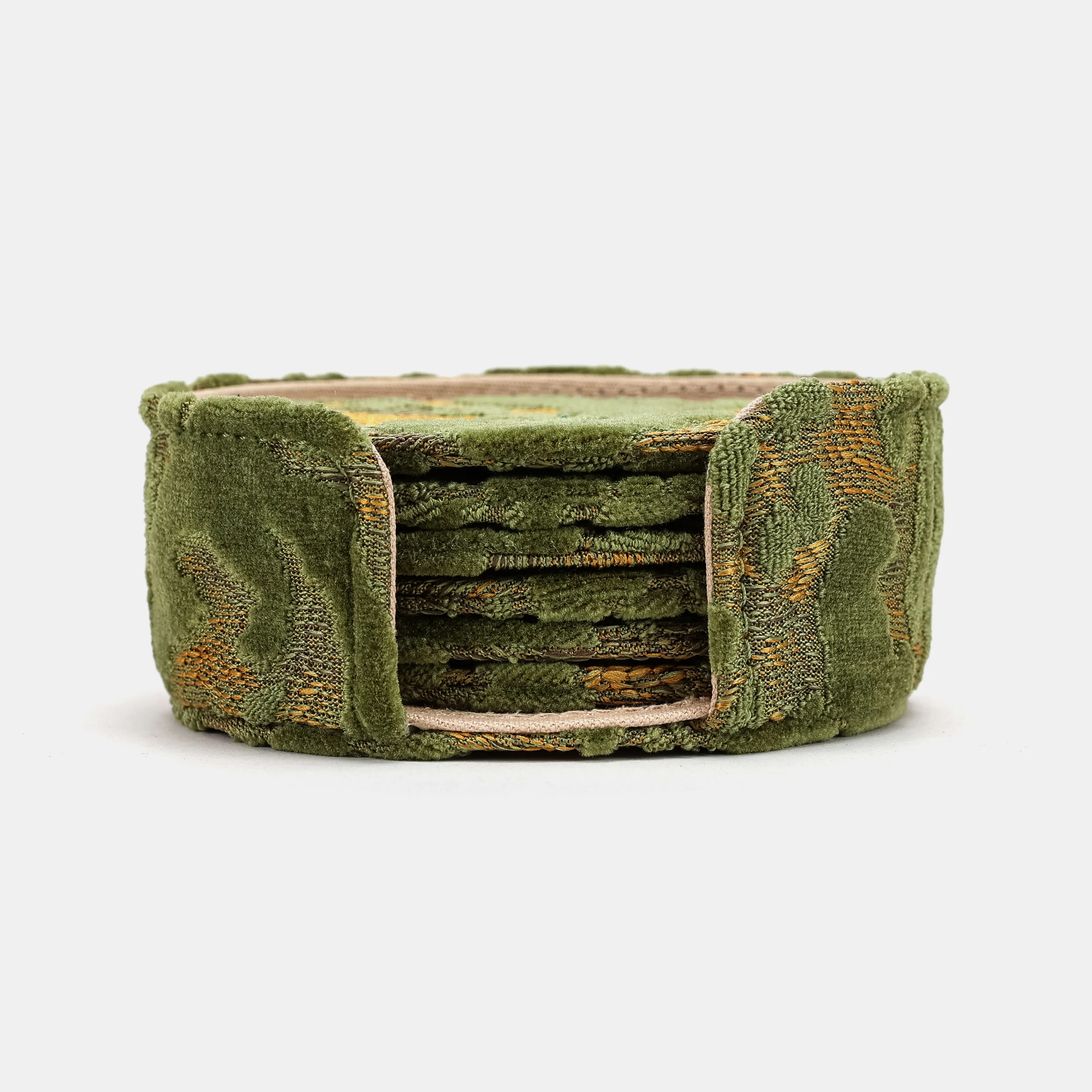 Burnout Velvet Fern Green Round Coaster Set with Holder - Image 2