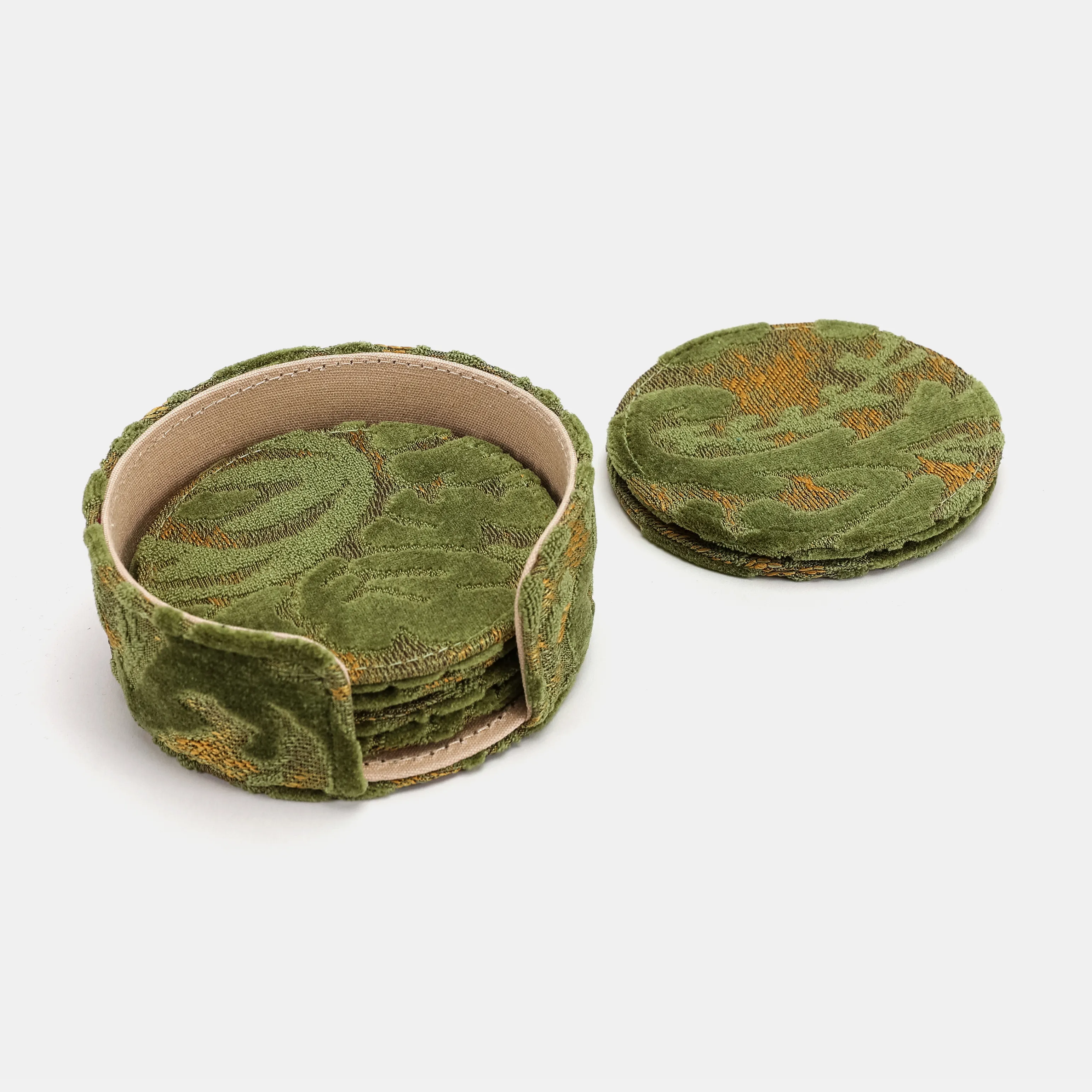 Burnout Velvet Fern Green Round Coaster Set with Holder - Image 6