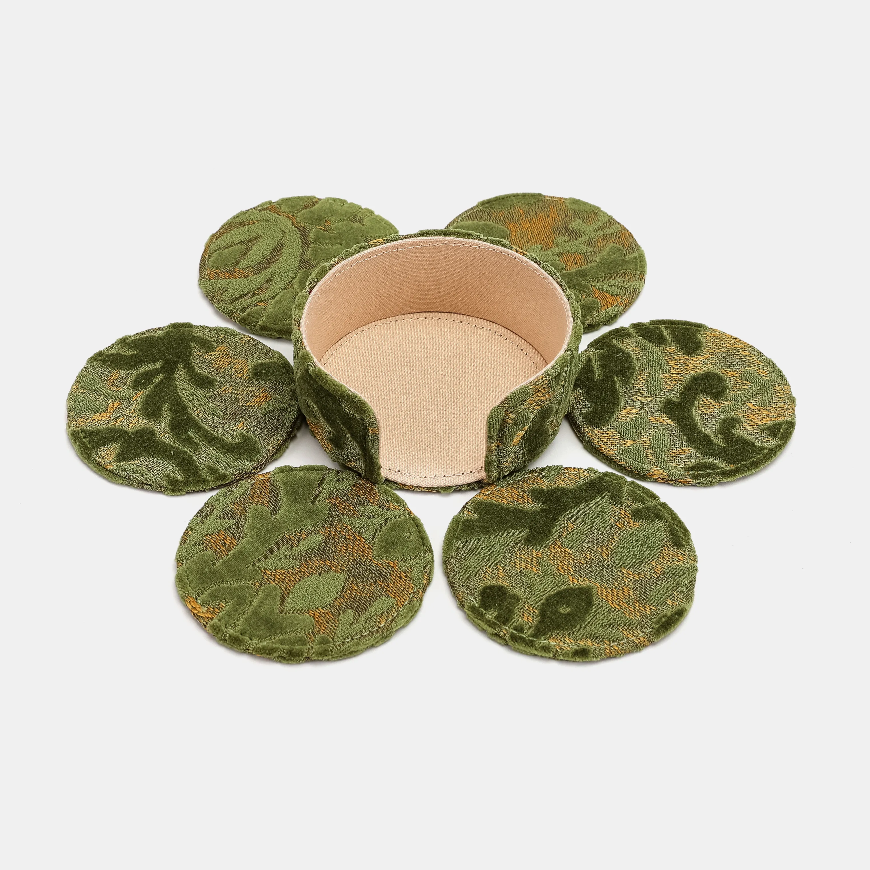 Burnout Velvet Fern Green Round Coaster Set with Holder - Image 7