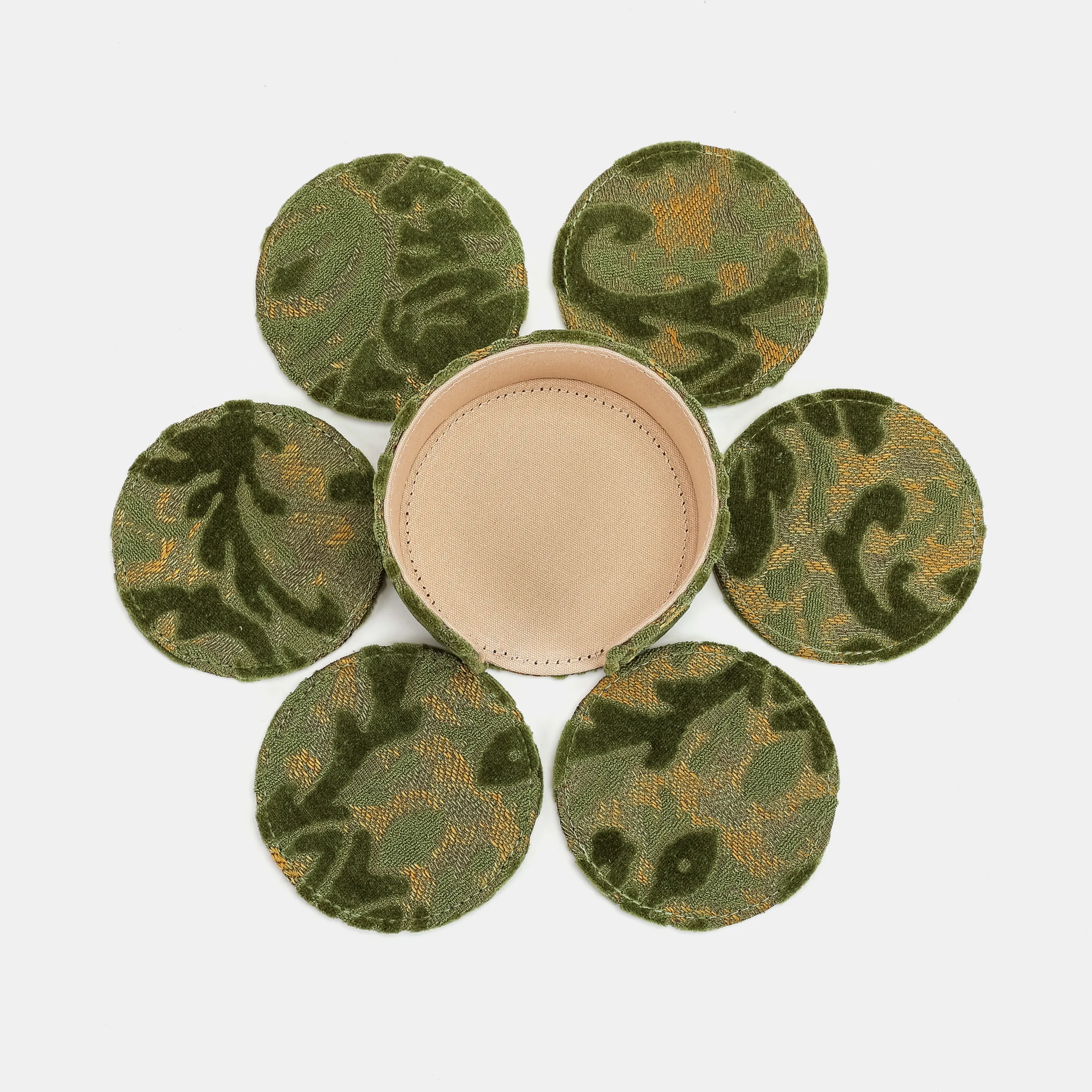 Burnout Velvet Fern Green Round Coaster Set with Holder - Image 8