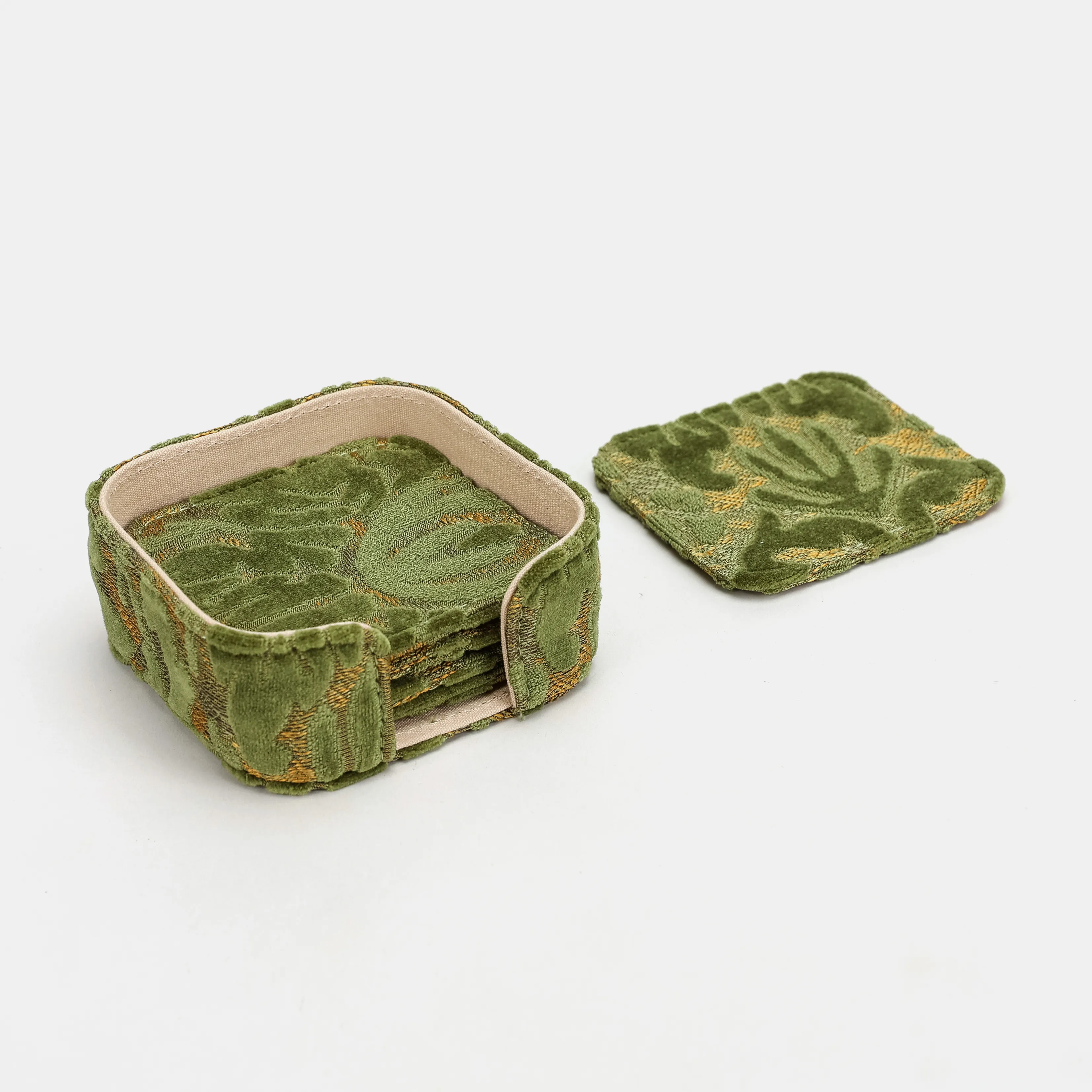 Burnout Velvet Fern Green Square Coaster Set with Holder - Image 6