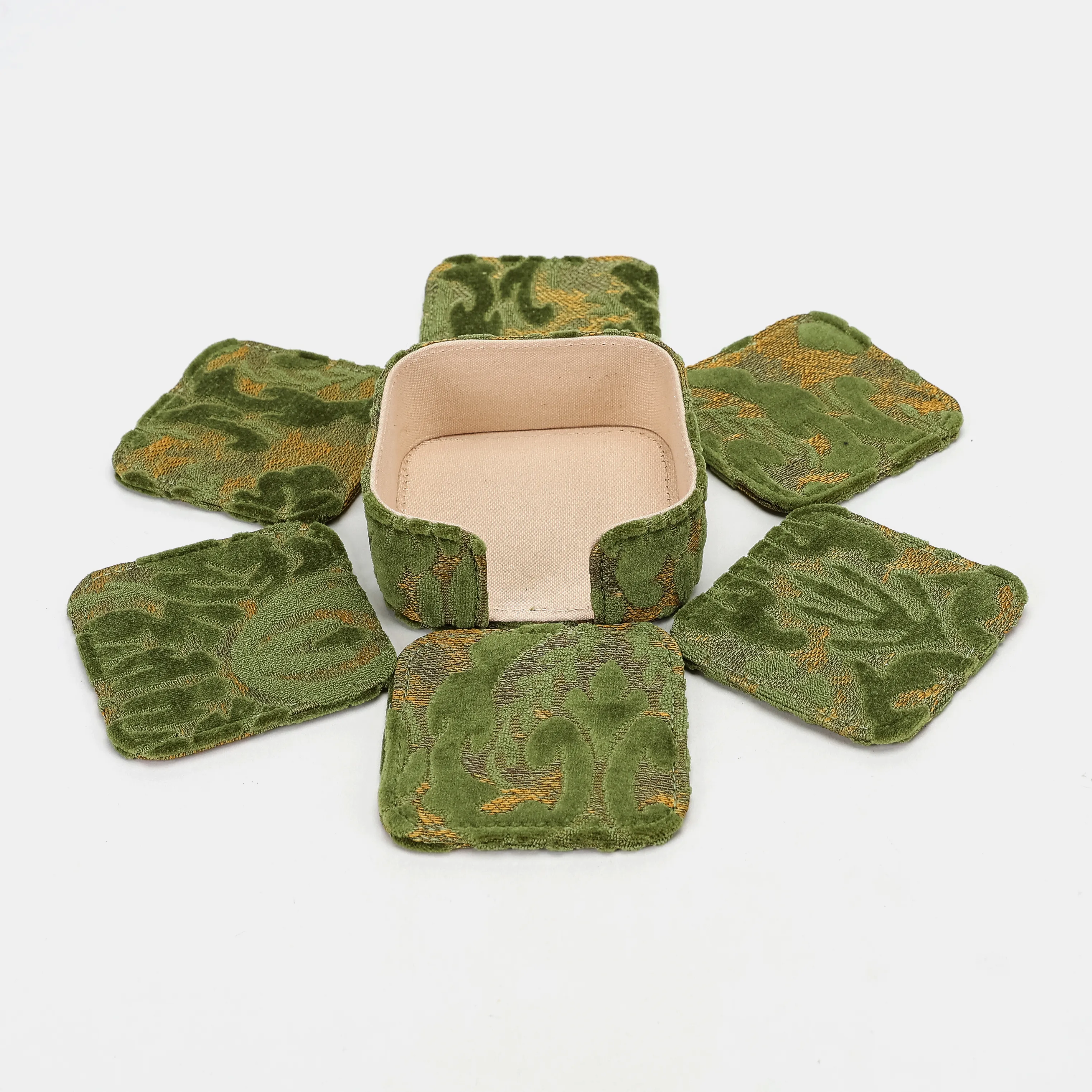 Burnout Velvet Fern Green Square Coaster Set with Holder - Image 7