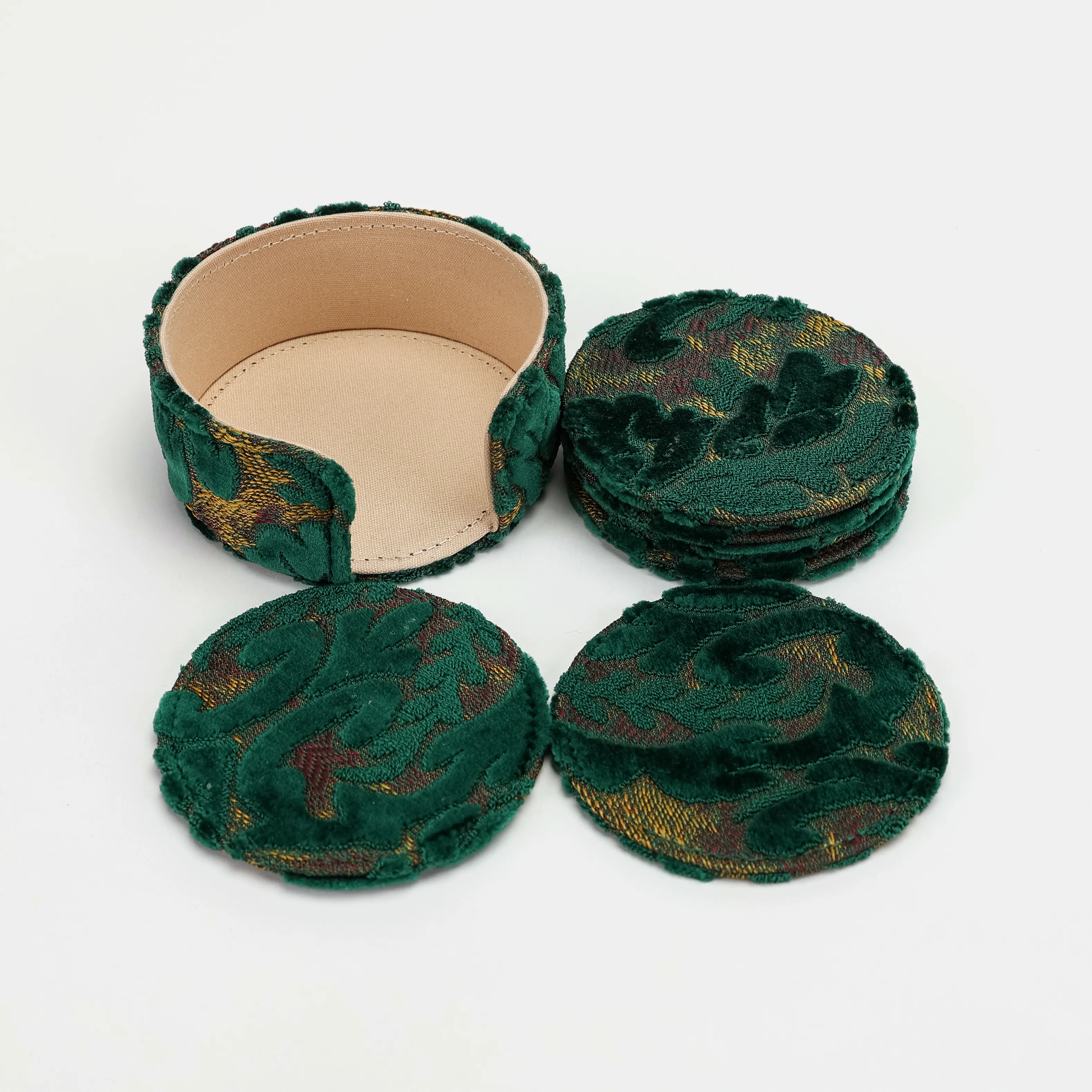 Burnout Velvet Jade Green Round Coaster Set with Holder