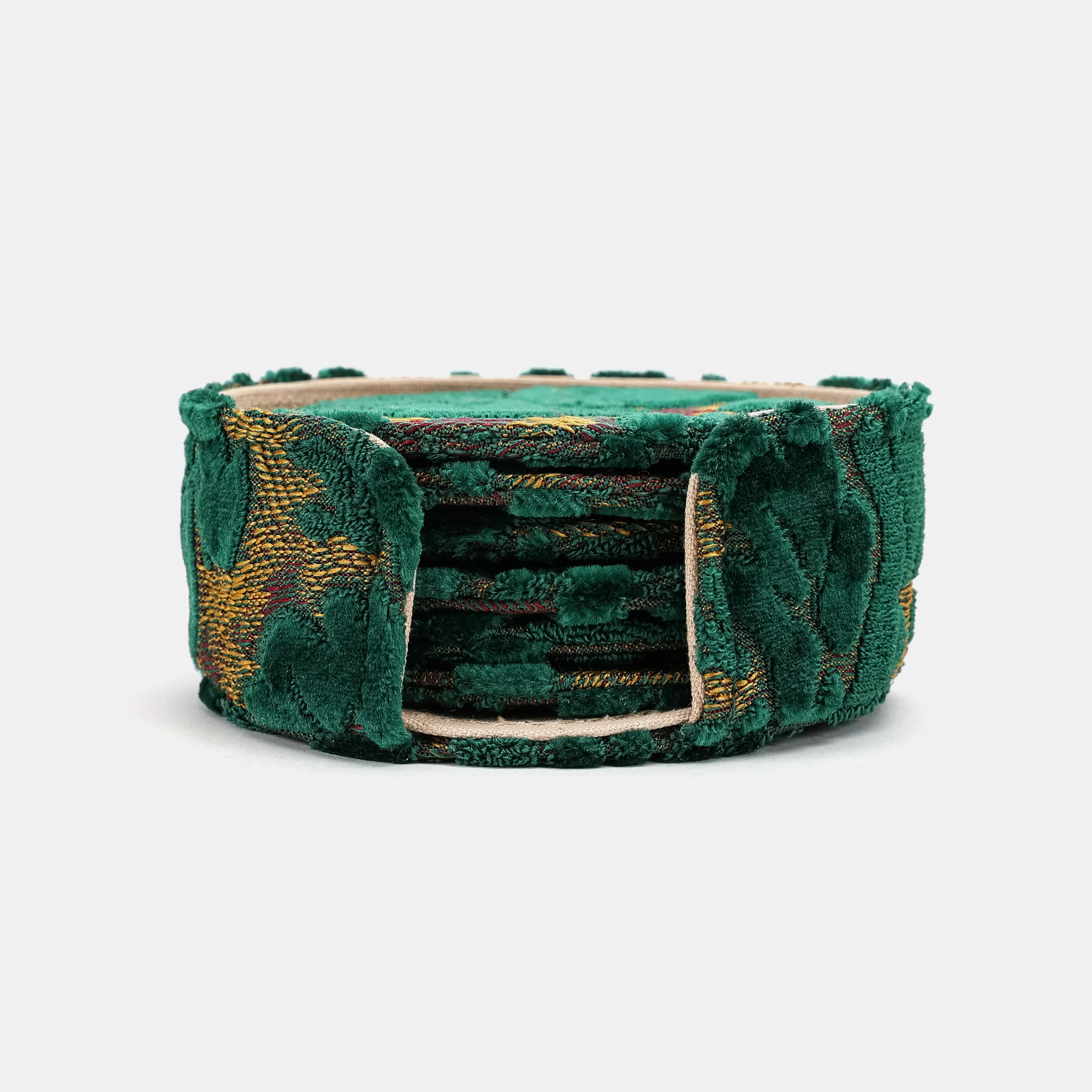 Burnout Velvet Jade Green Round Coaster Set with Holder - Image 2