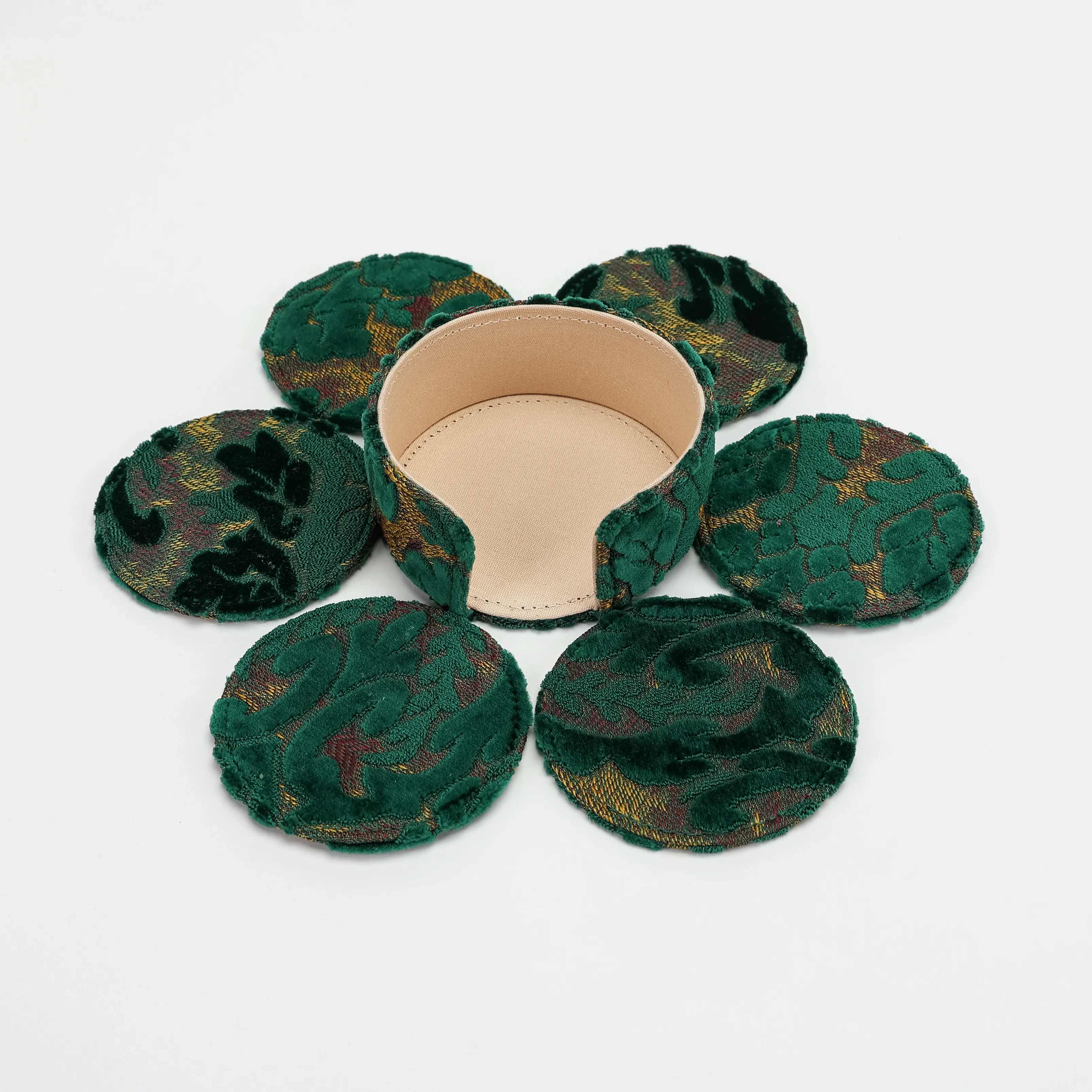 Burnout Velvet Jade Green Round Coaster Set with Holder - Image 7