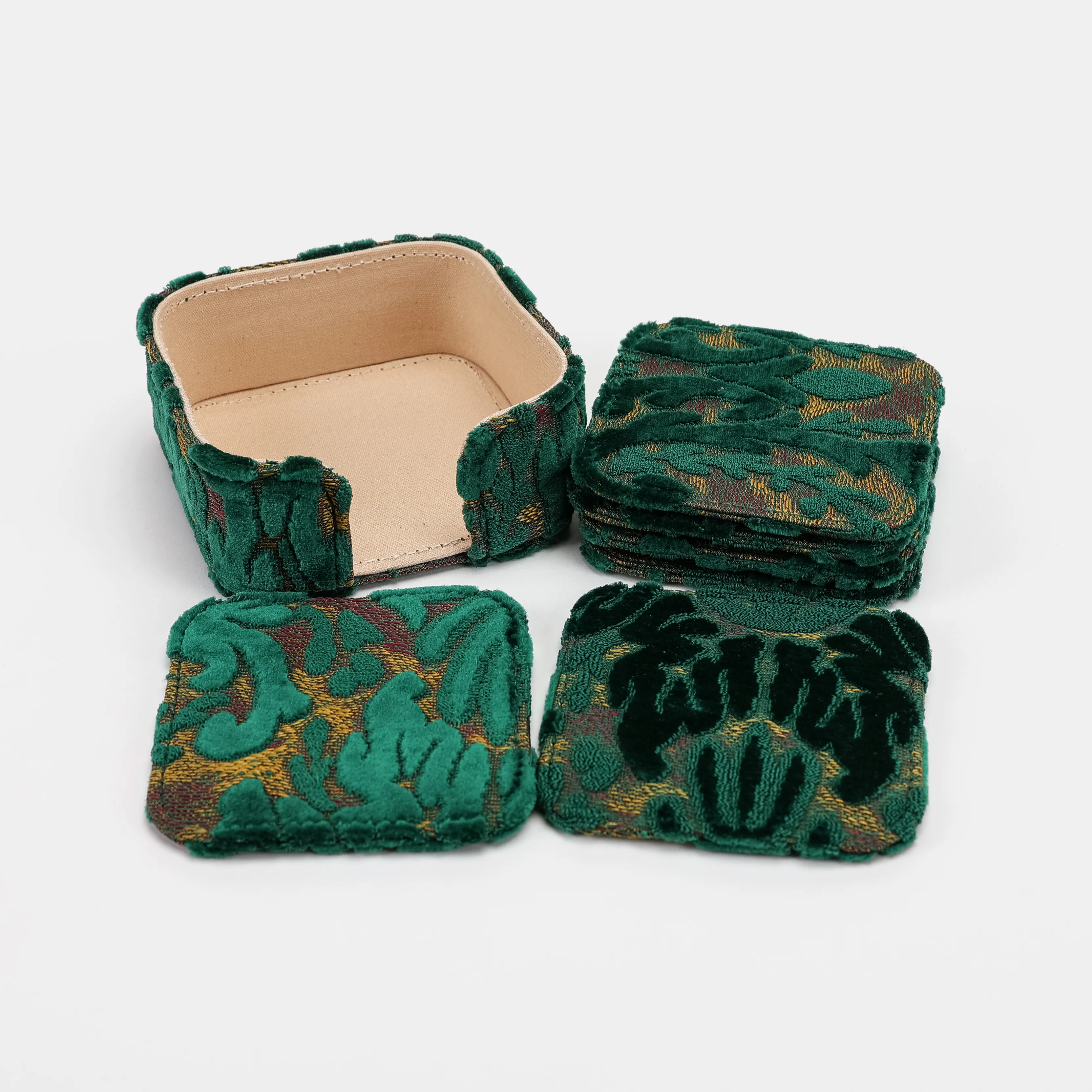 Burnout Velvet Jade Green Square Coaster Set with Holder