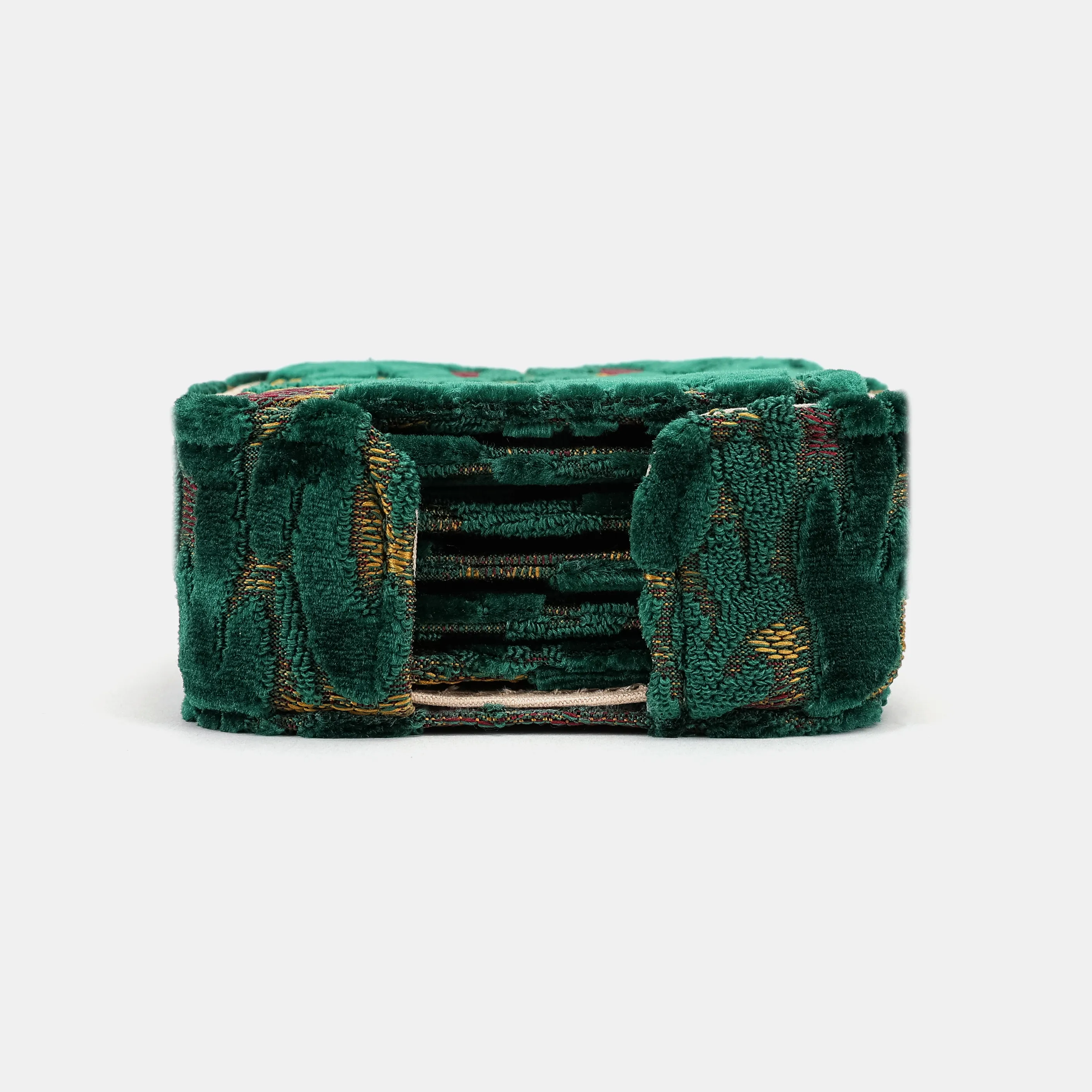 Burnout Velvet Jade Green Square Coaster Set with Holder - Image 2
