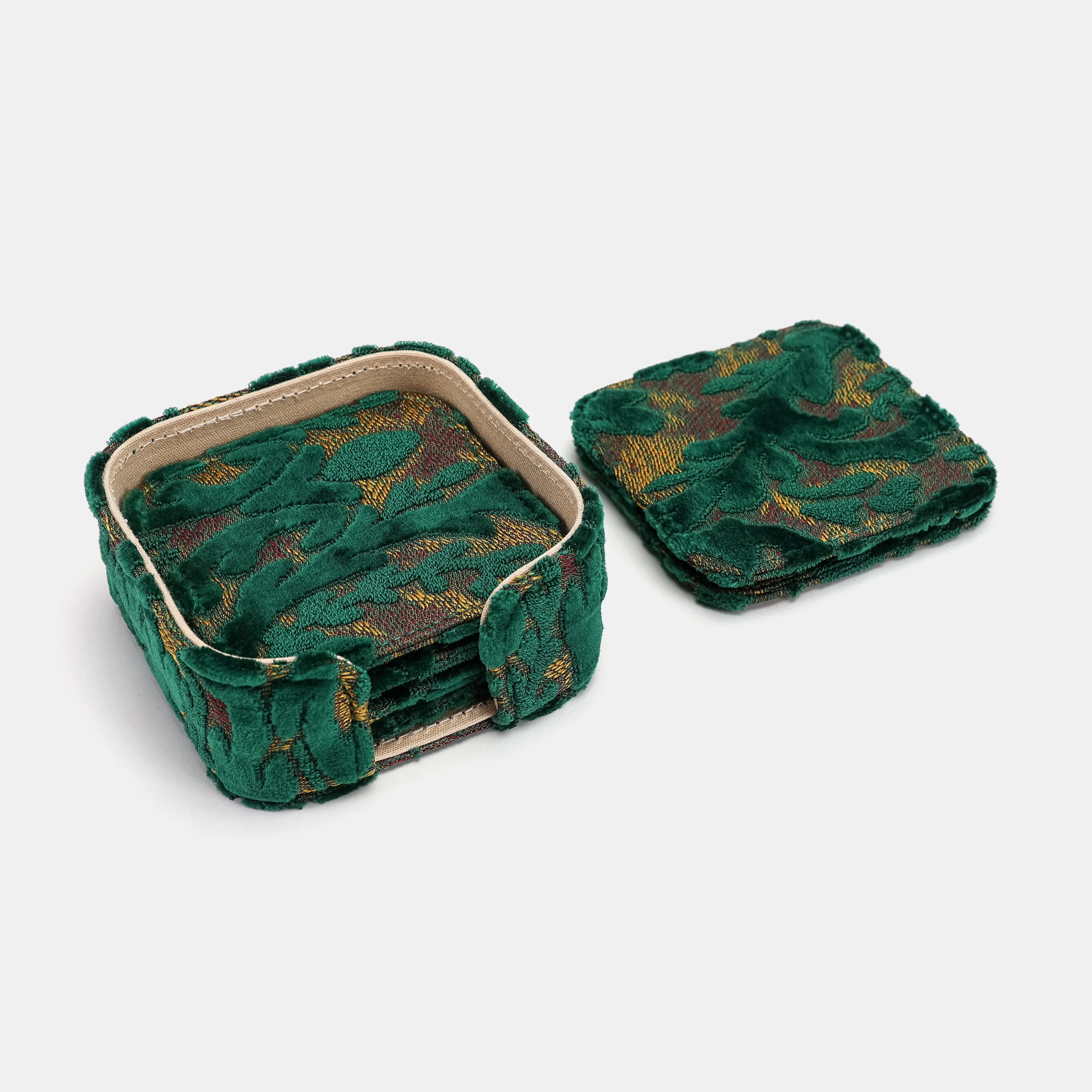 Burnout Velvet Jade Green Square Coaster Set with Holder - Image 6
