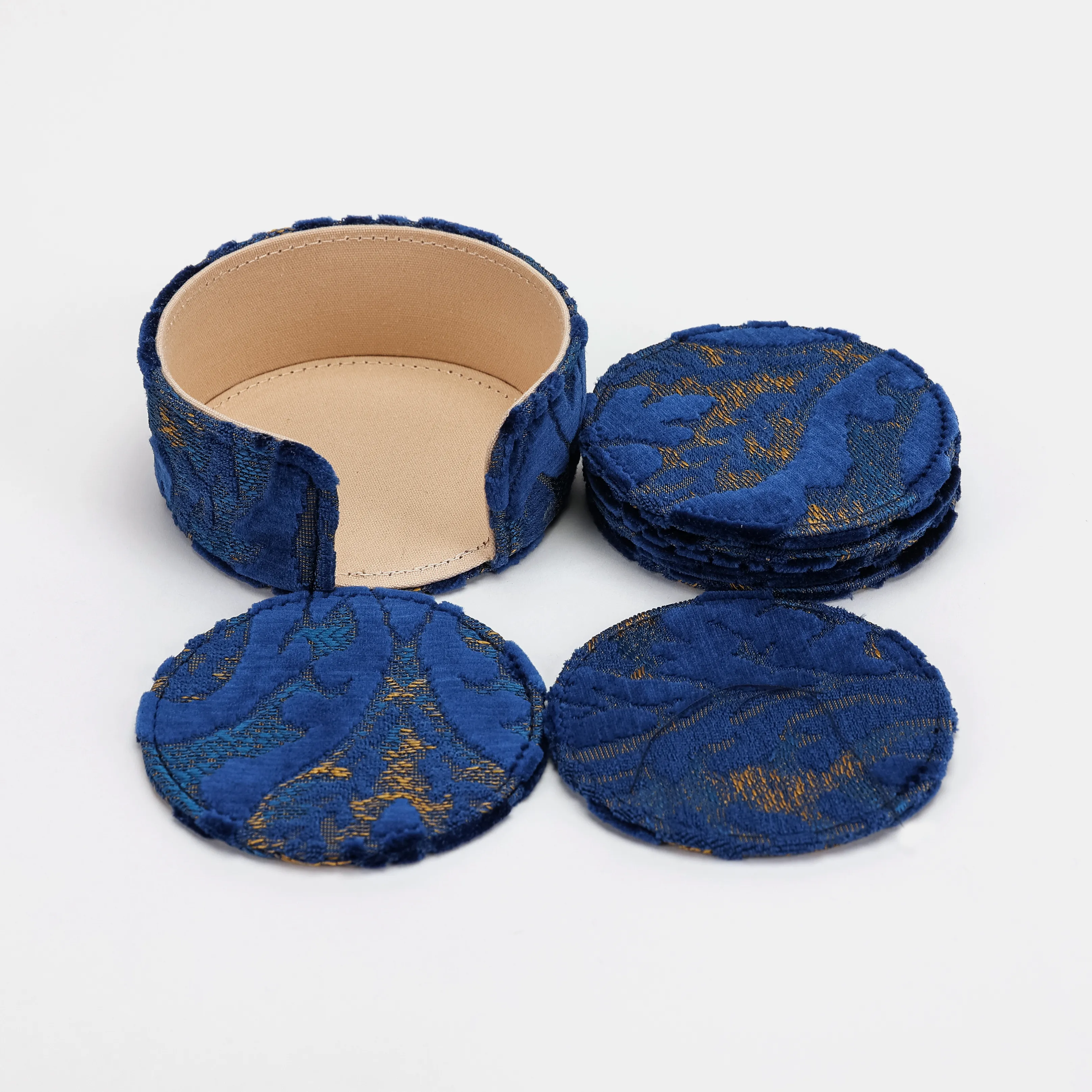 Burnout Velvet Navy Round Coaster Set with Holder
