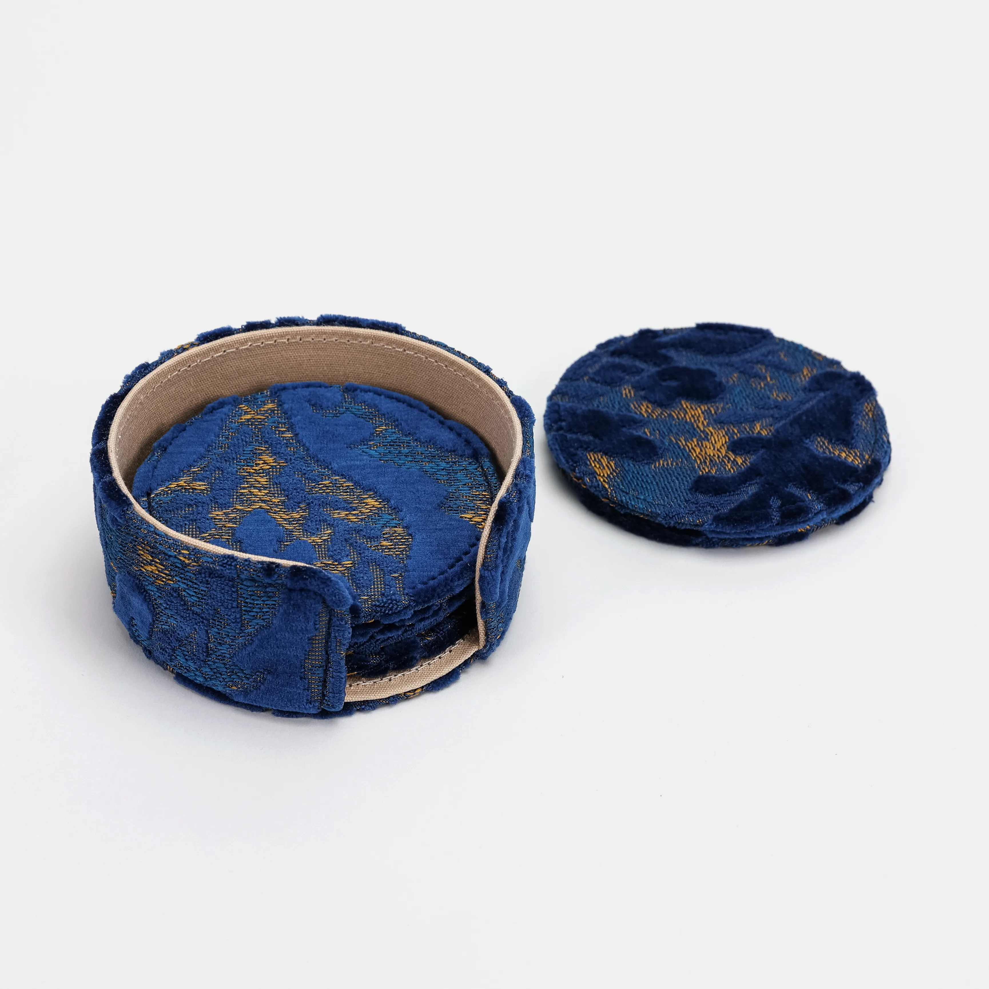 Burnout Velvet Navy Round Coaster Set with Holder - Image 6