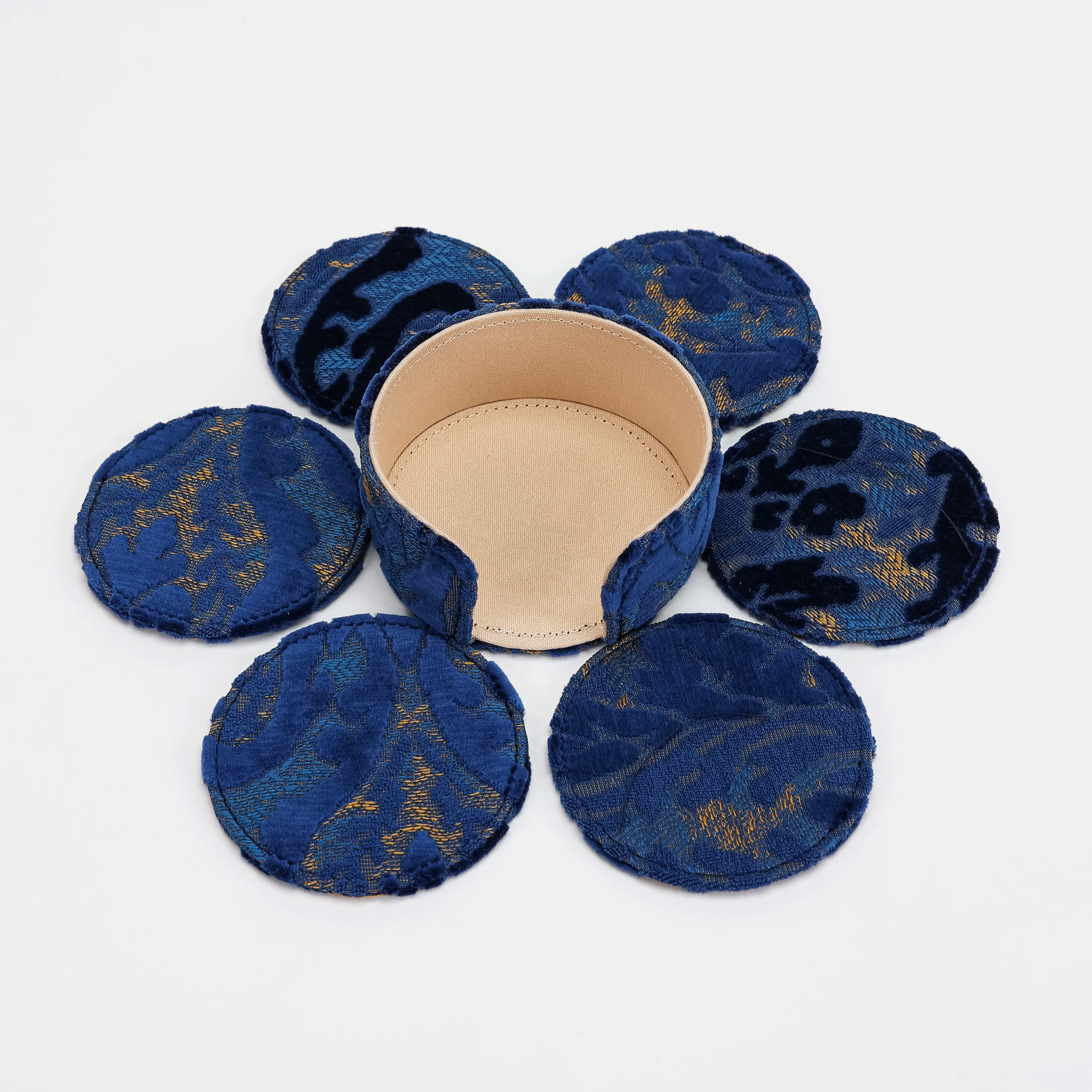 Burnout Velvet Navy Round Coaster Set with Holder - Image 7