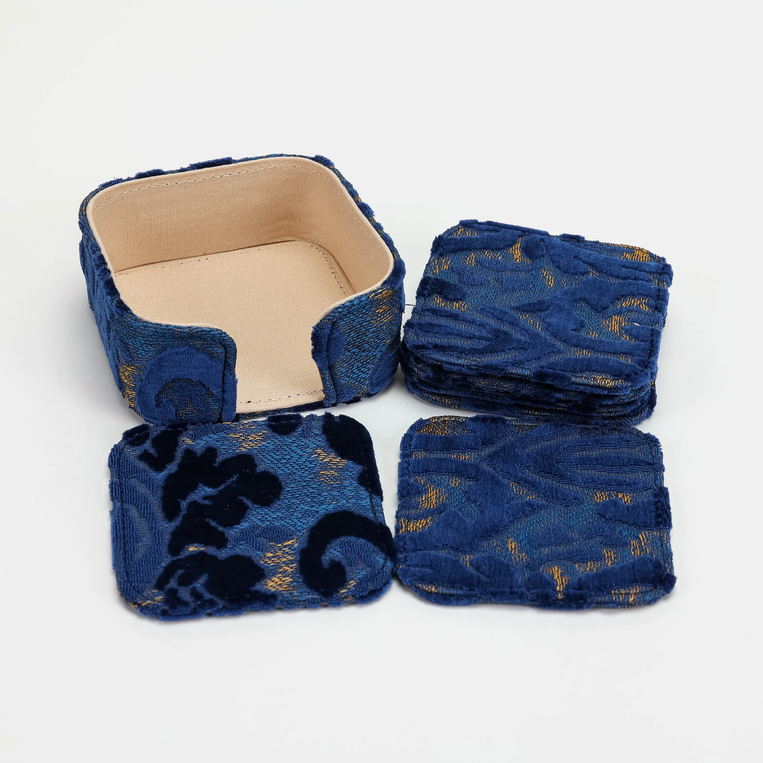 Burnout Velvet Navy Square Coaster Set with Holder