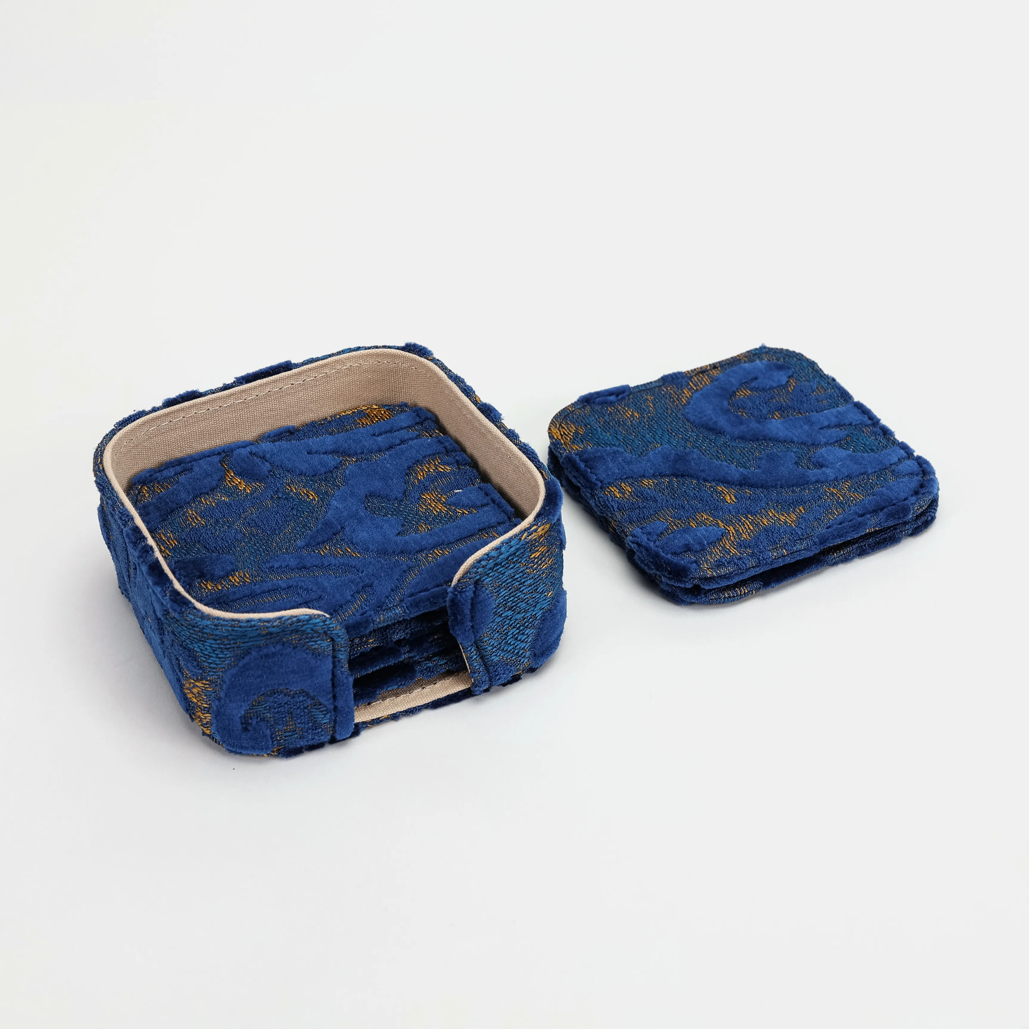 Burnout Velvet Navy Square Coaster Set with Holder - Image 6