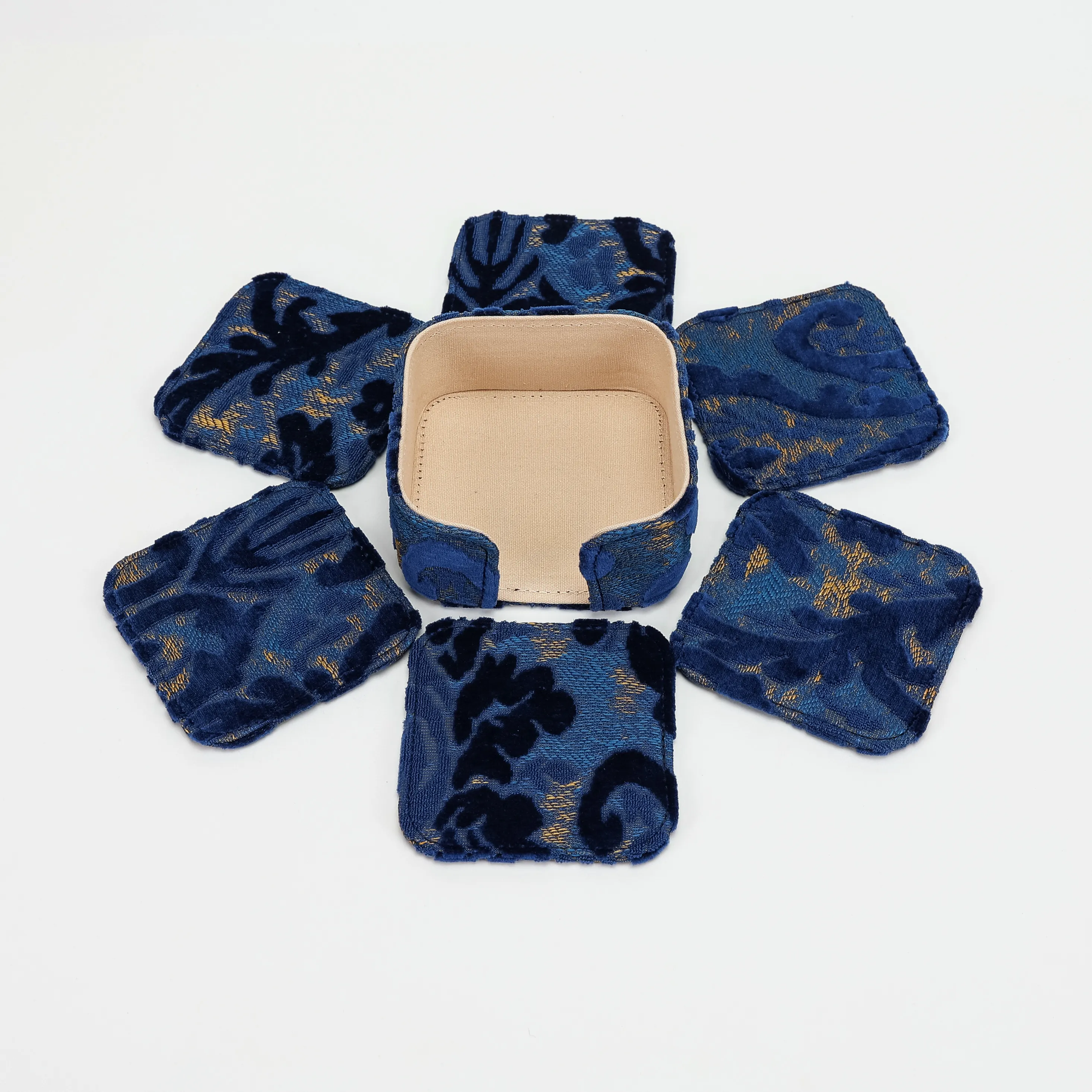 Burnout Velvet Navy Square Coaster Set with Holder - Image 7