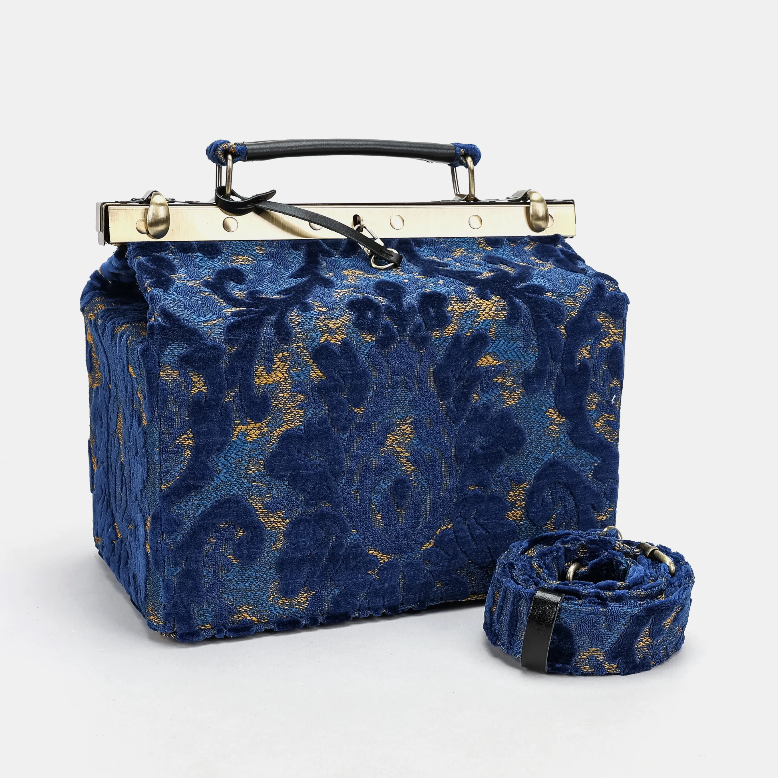 Burnout Velvet Navy Vivienne Carpet Purse Gladstone Bag - Image 5