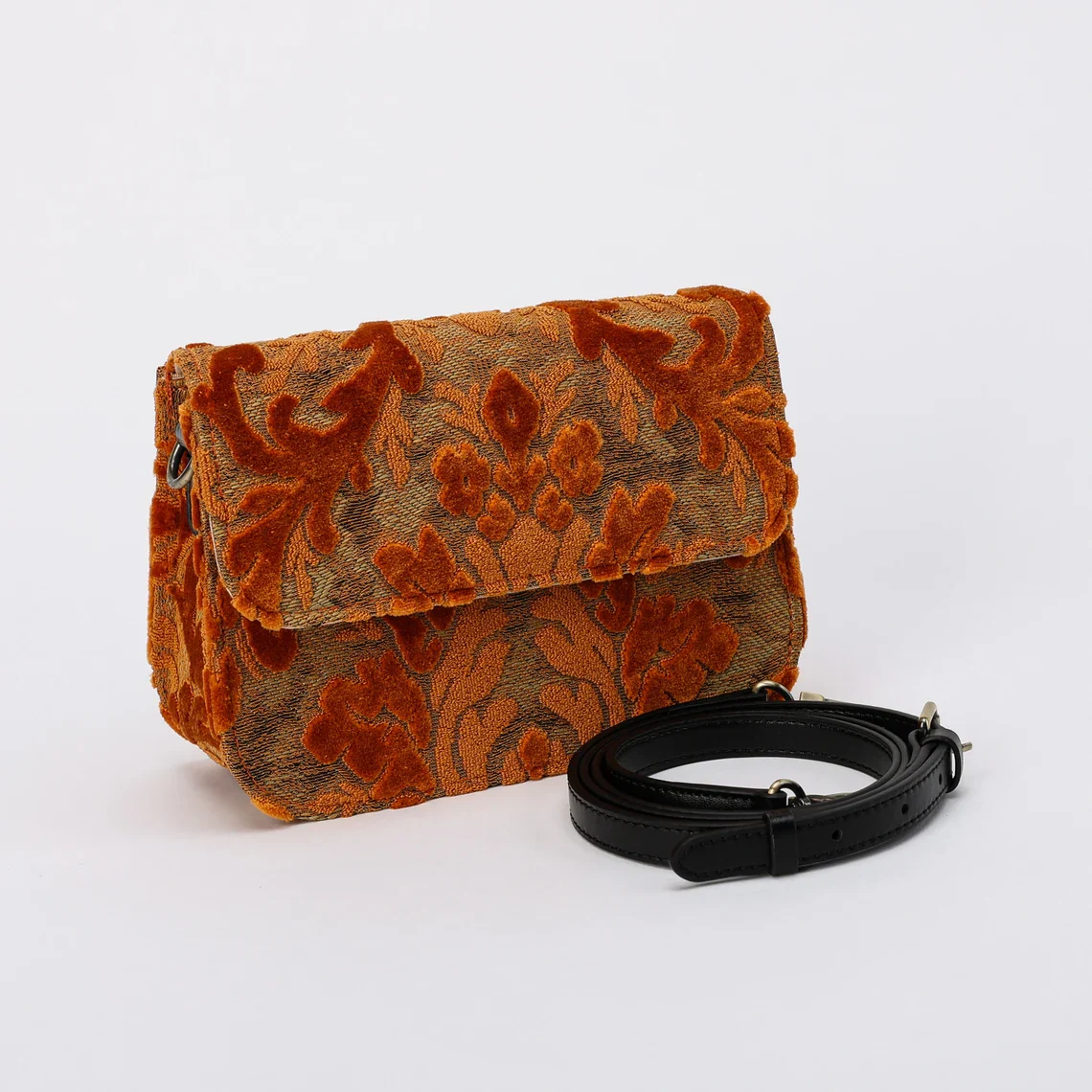 Burnout Velvet Orange Flap Crossbody Bag - Image 3