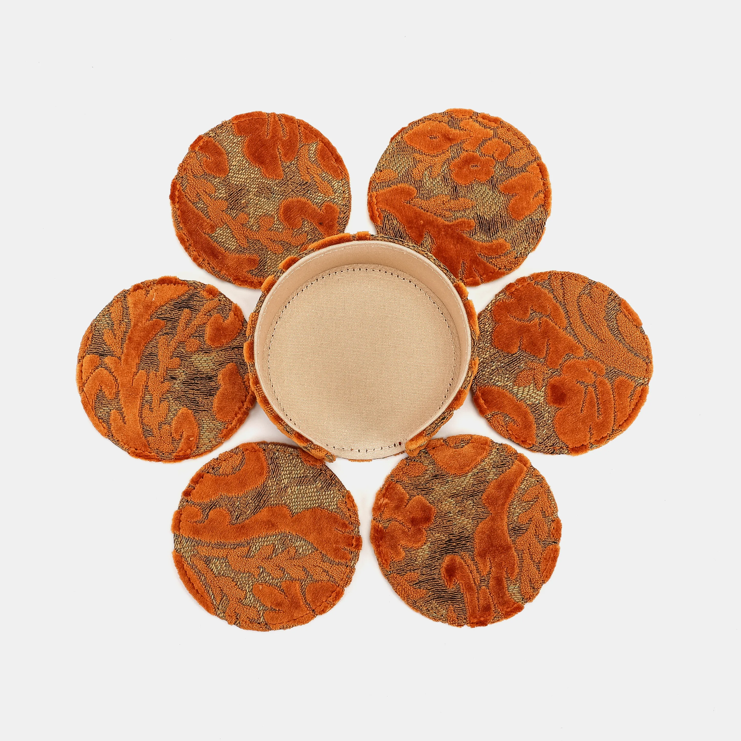 Burnout Velvet Orange Round Coaster Set with Holder - Image 8