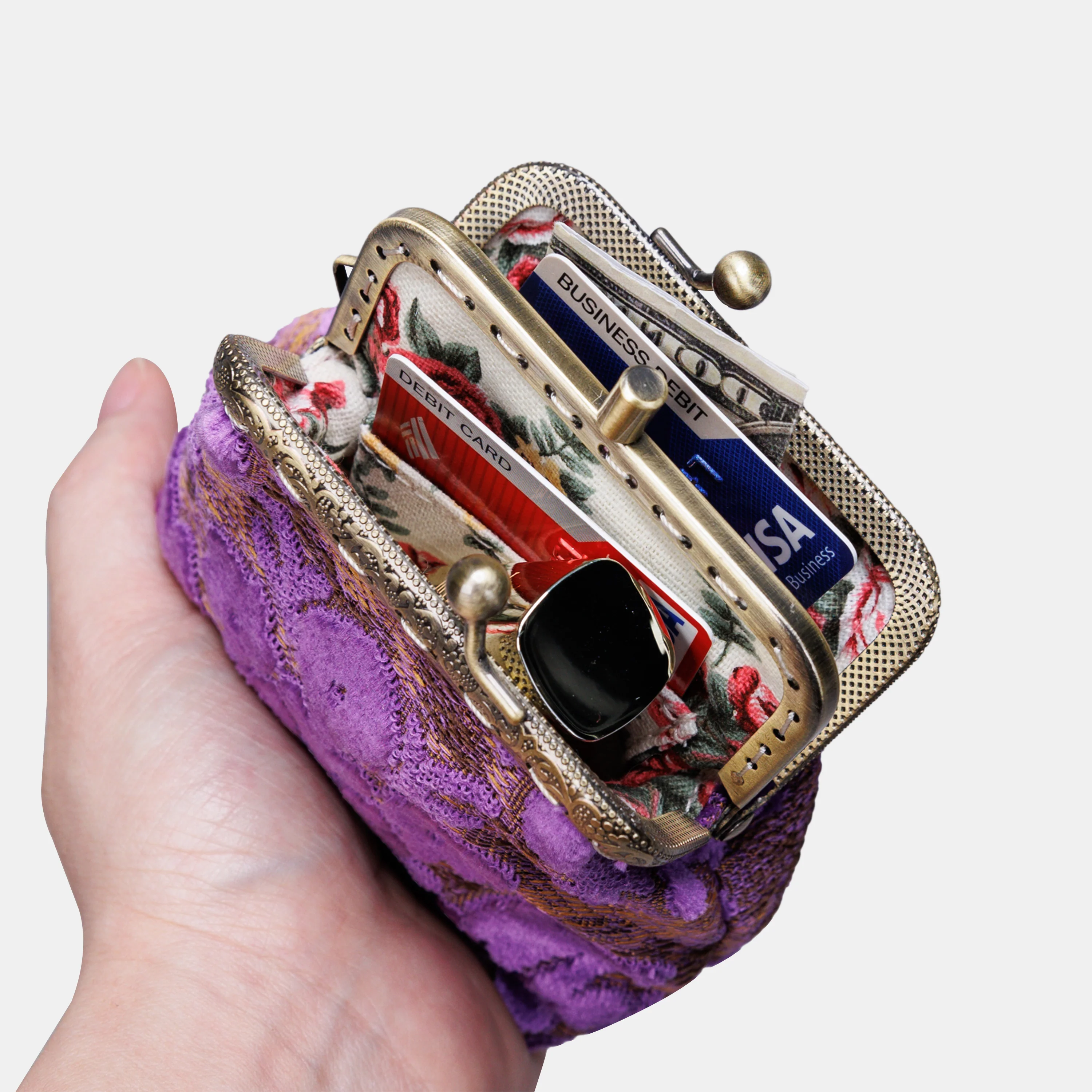 Burnout Velvet Purple Double Kiss Clasp Coin Purse - Image 3