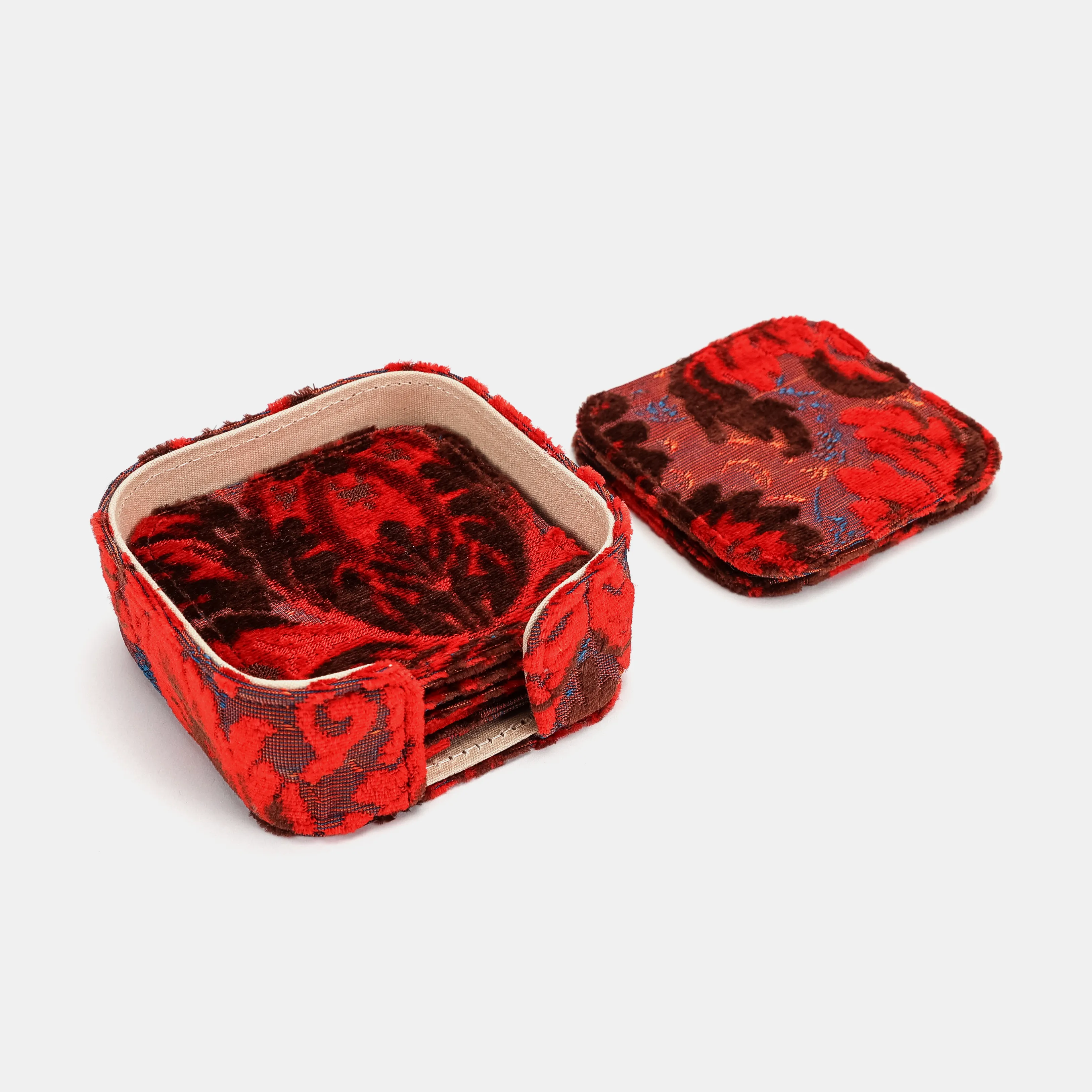 Burnout Velvet Revival Scarlet Square Coaster Set with Holder - Image 6