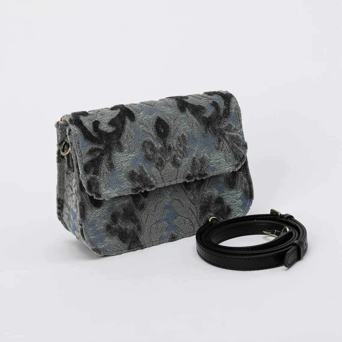 Burnout Velvet Steel Blue Flap Crossbody Bag - Image 3