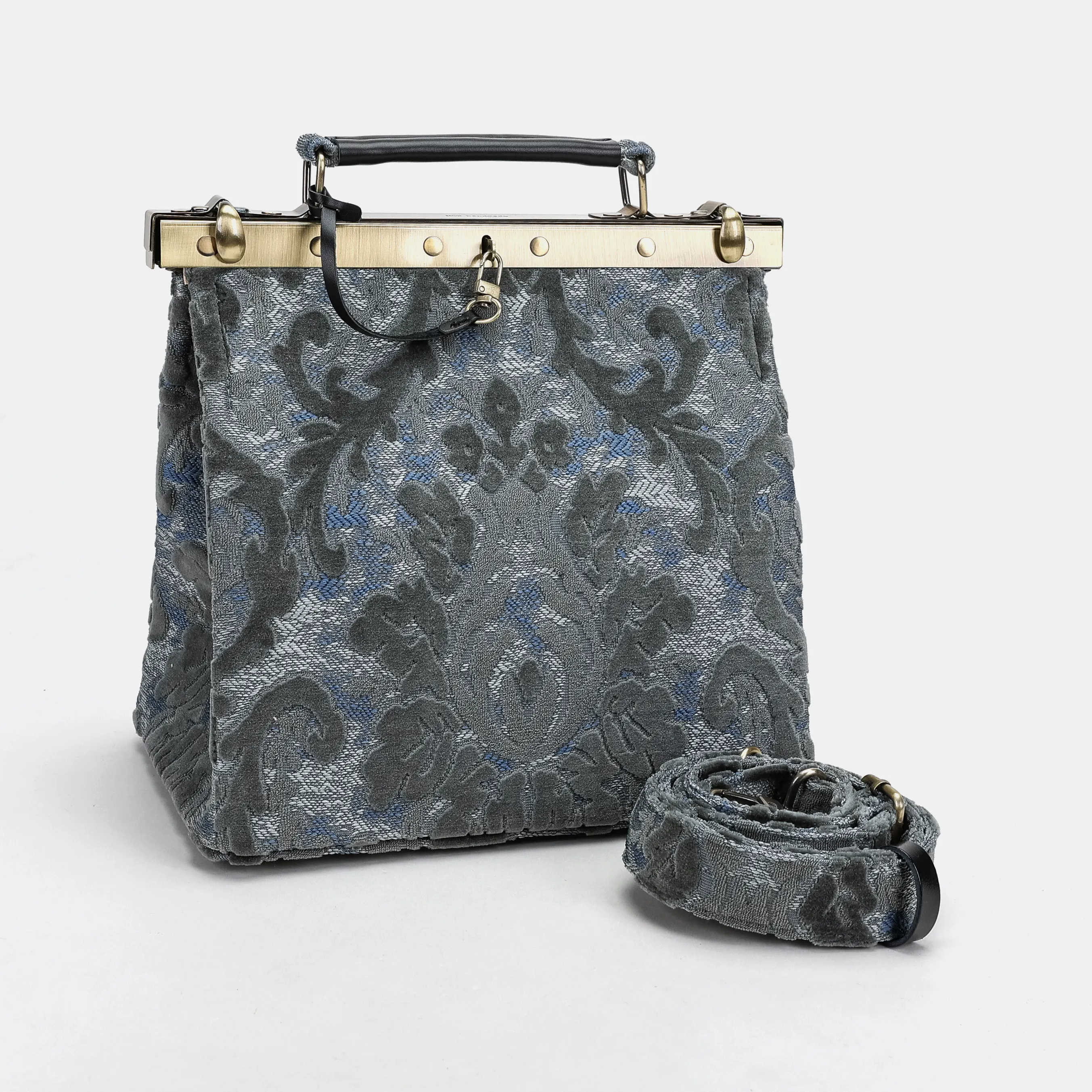 Burnout Velvet Steel Blue Cecile Carpet Purse Gladstone Bag - Image 5