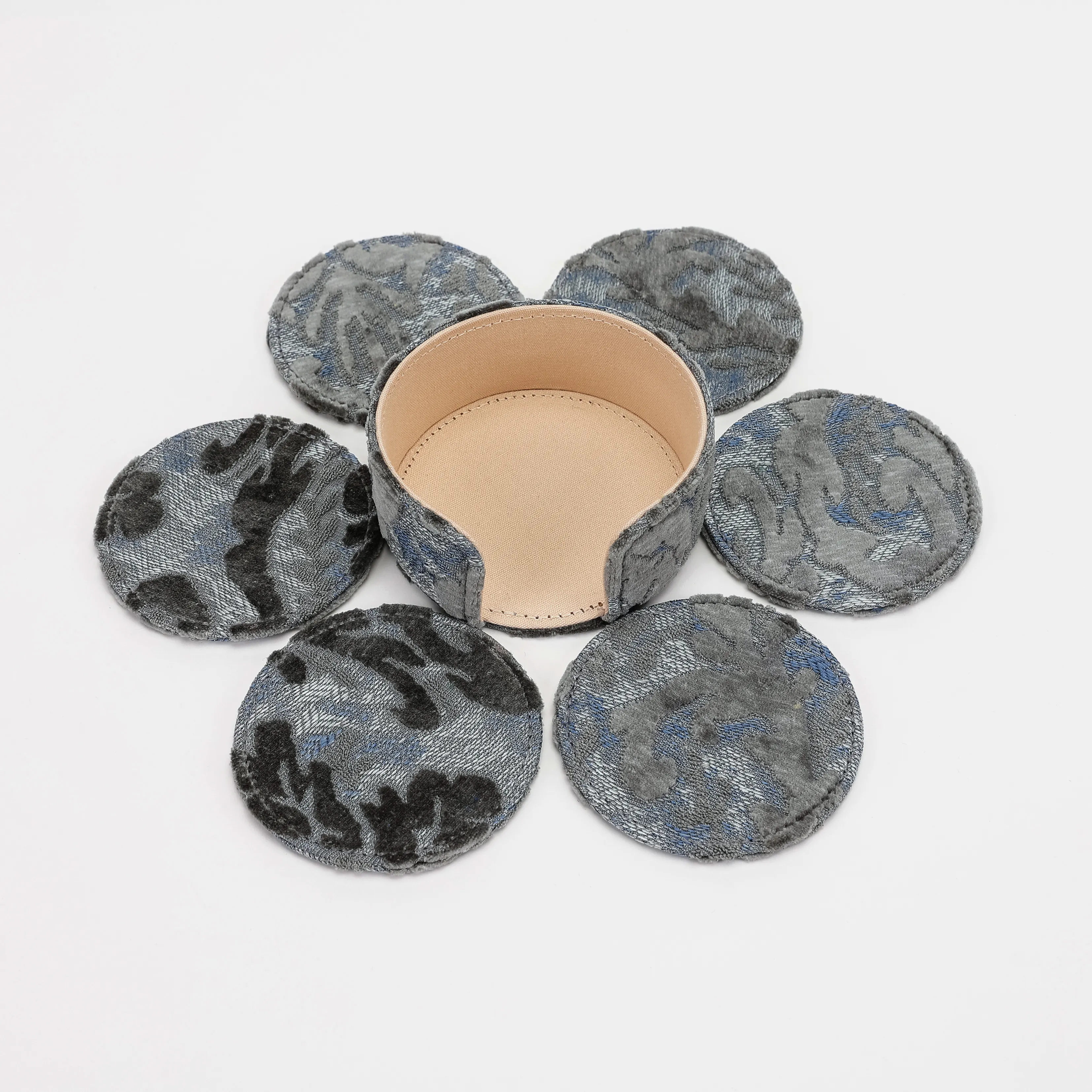 Burnout Velvet Steel Blue Round Coaster Set with Holder - Image 7