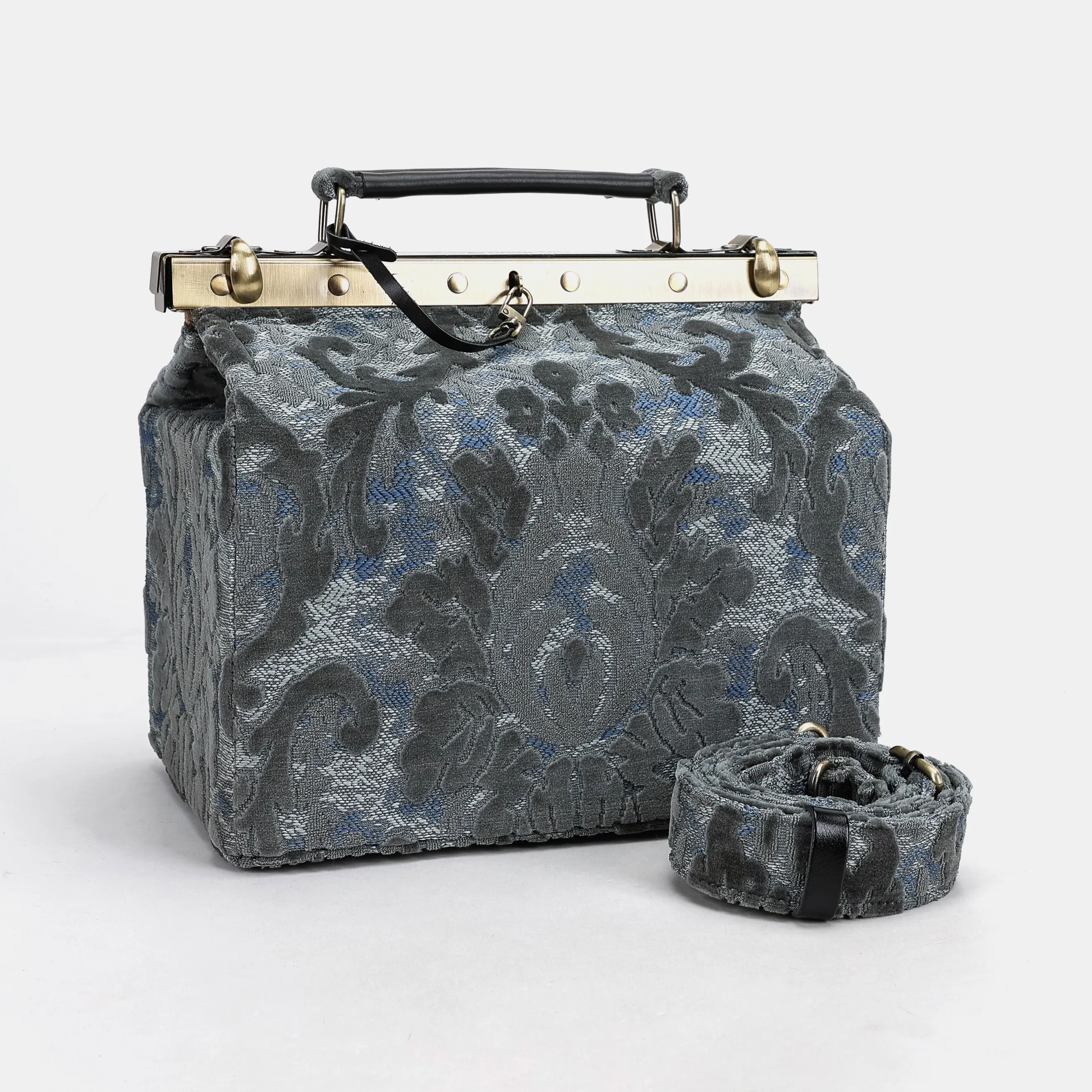 Burnout Velvet Steel Blue Vivienne Carpet Purse Gladstone Bag - Image 5