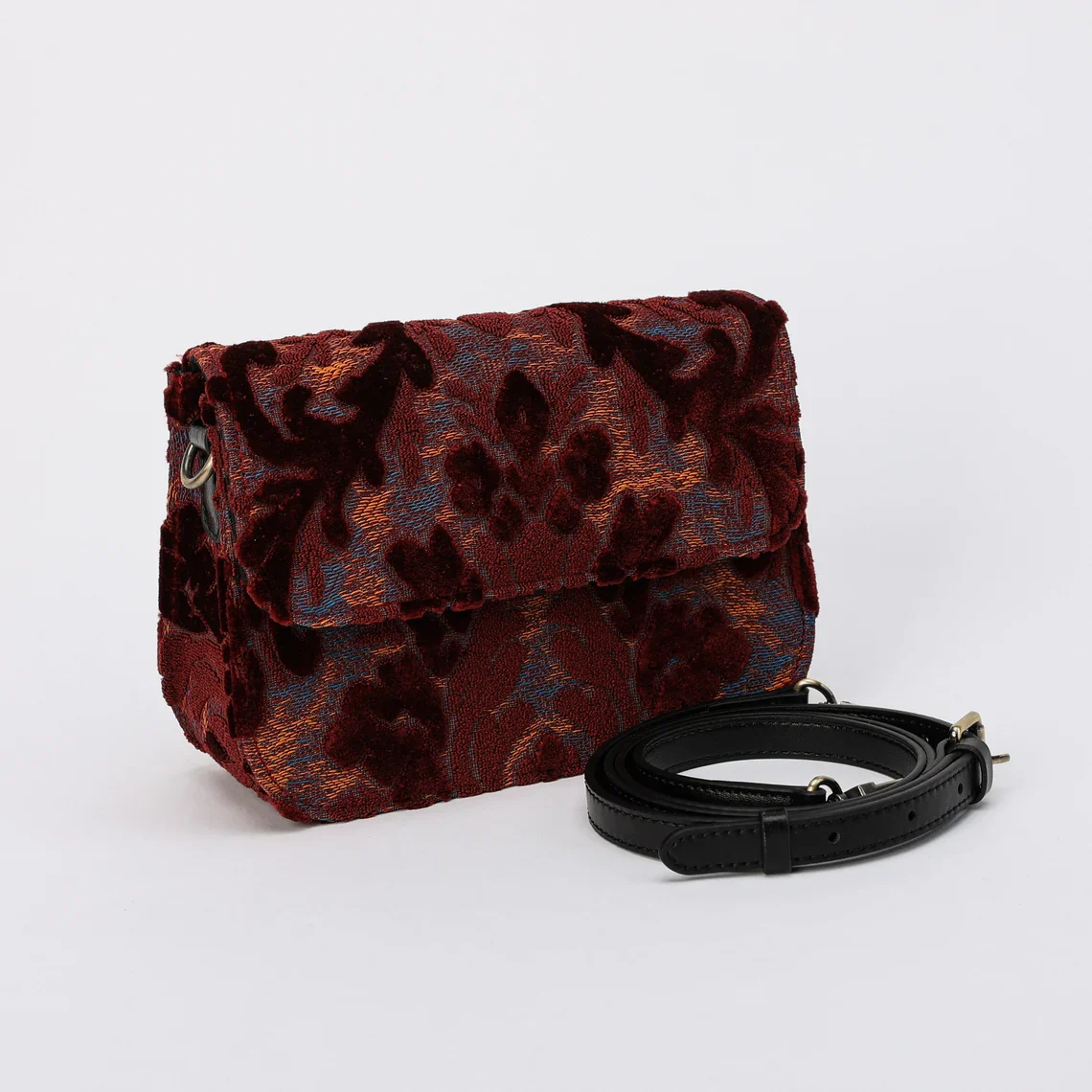 Burnout Velvet Wine Flap Crossbody Bag - Image 3