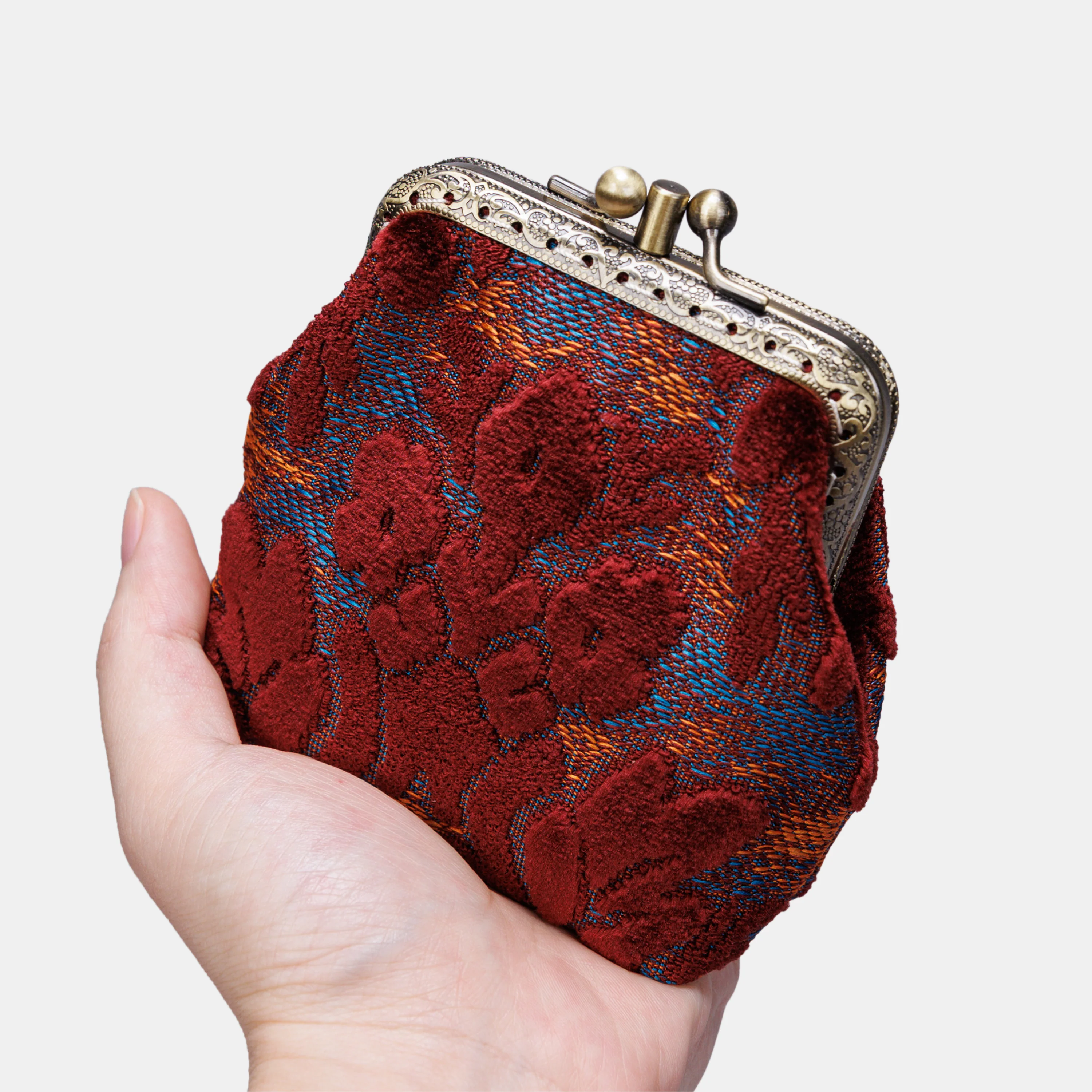 Burnout Velvet Wine Double Kiss Clasp Coin Purse