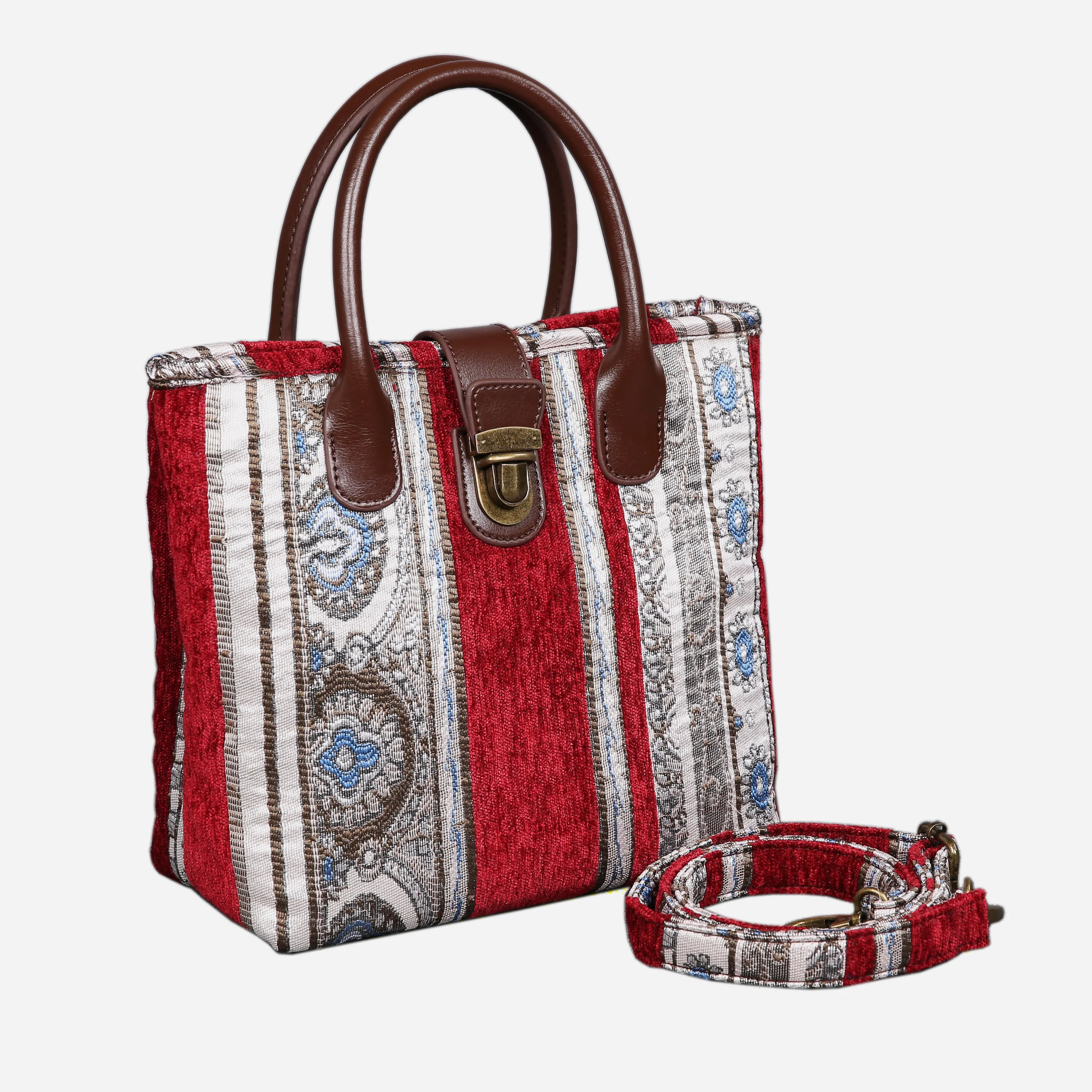 Ethnic Stripes Red Tuck Lock Carpet Satchel - Image 2