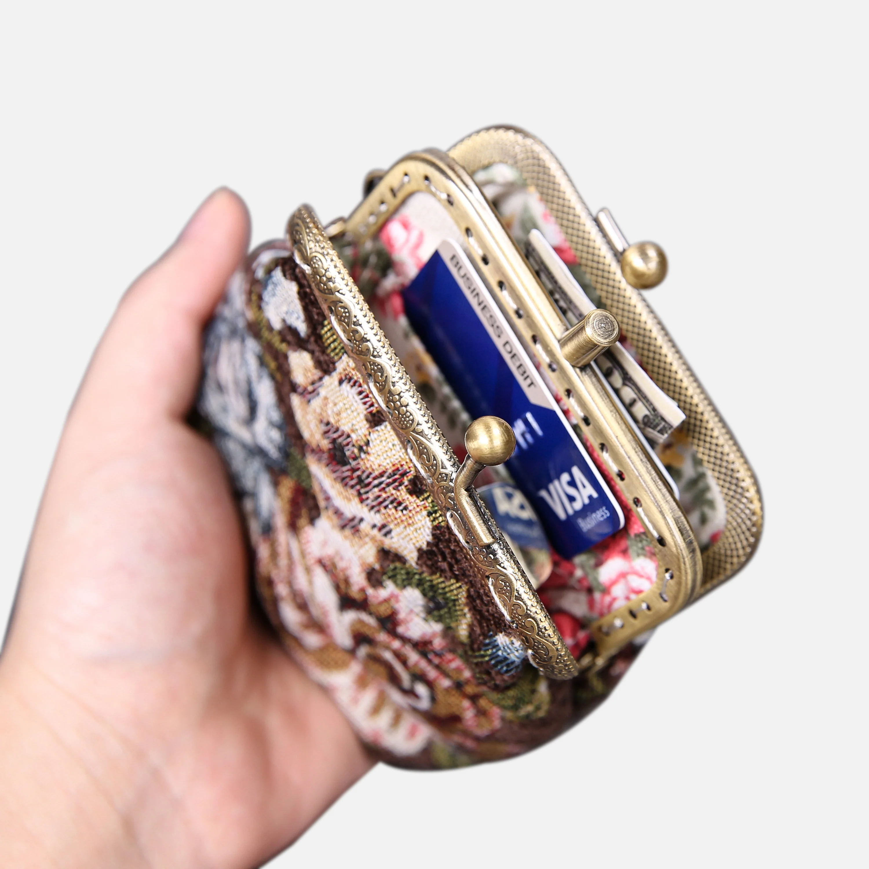 Floral Brown Double Kiss Clasp Coin Purse - Image 2