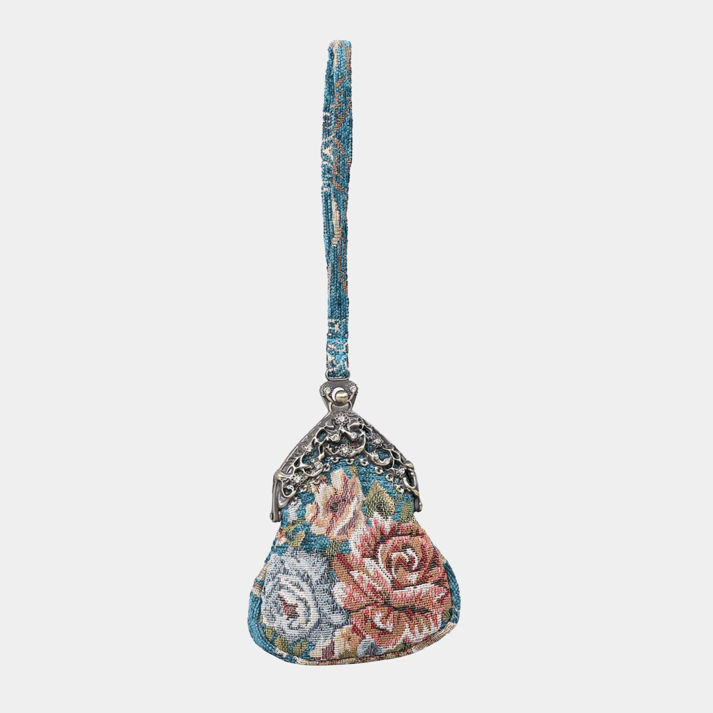 Floral Teal Chatelaine Purse Wristlet Bag - Image 2