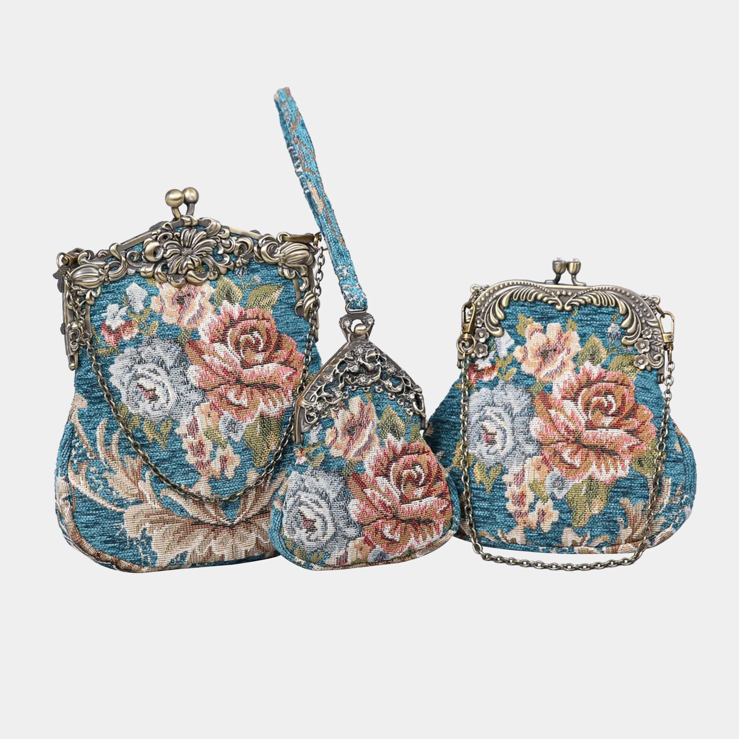 Floral Teal Chatelaine Purse Wristlet Bag - Image 5