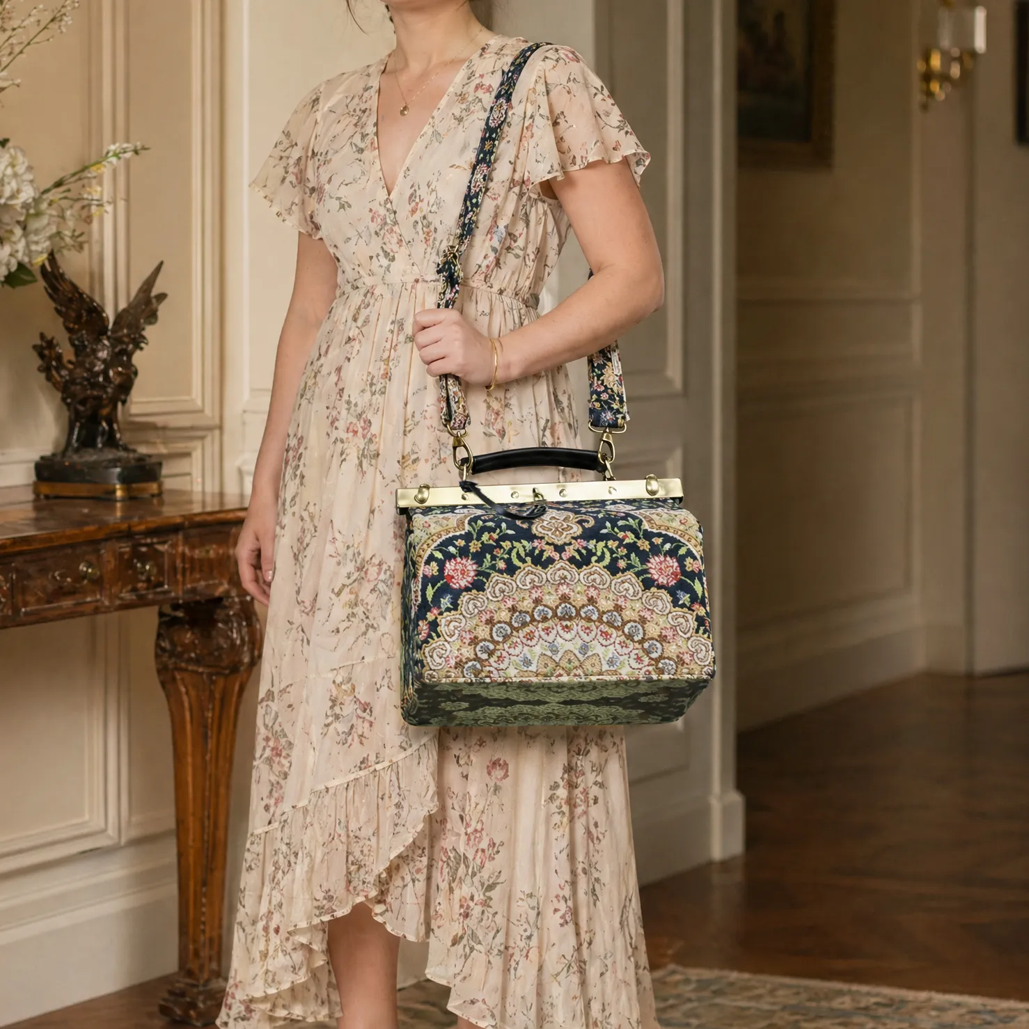 Oriental Navy Vivienne Carpet Purse Gladstone Bag