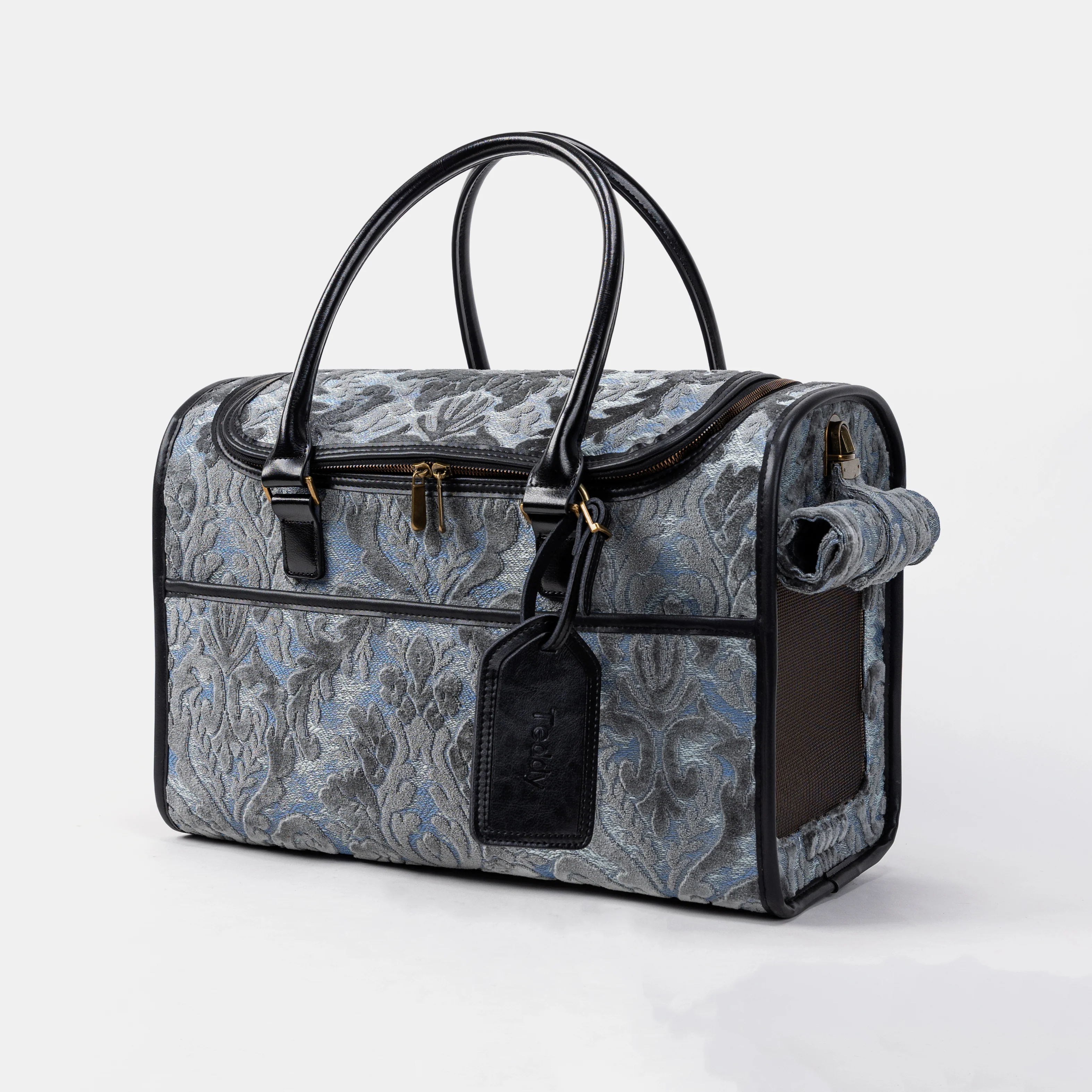 Travel Dog Carrier Bag  Burnout Velvet Steel Blue