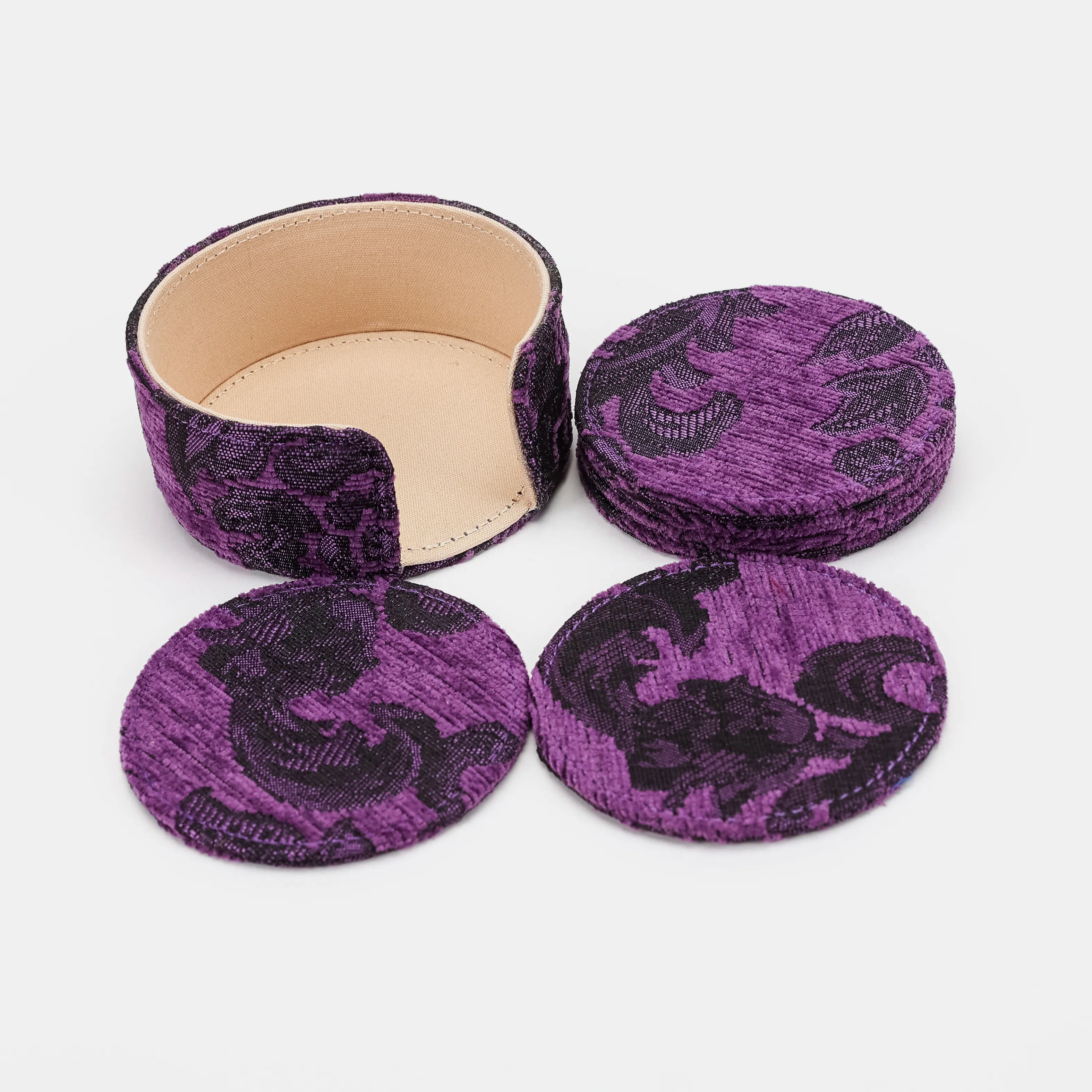 Victorian Blossom Purple Round Coaster Set with Holder