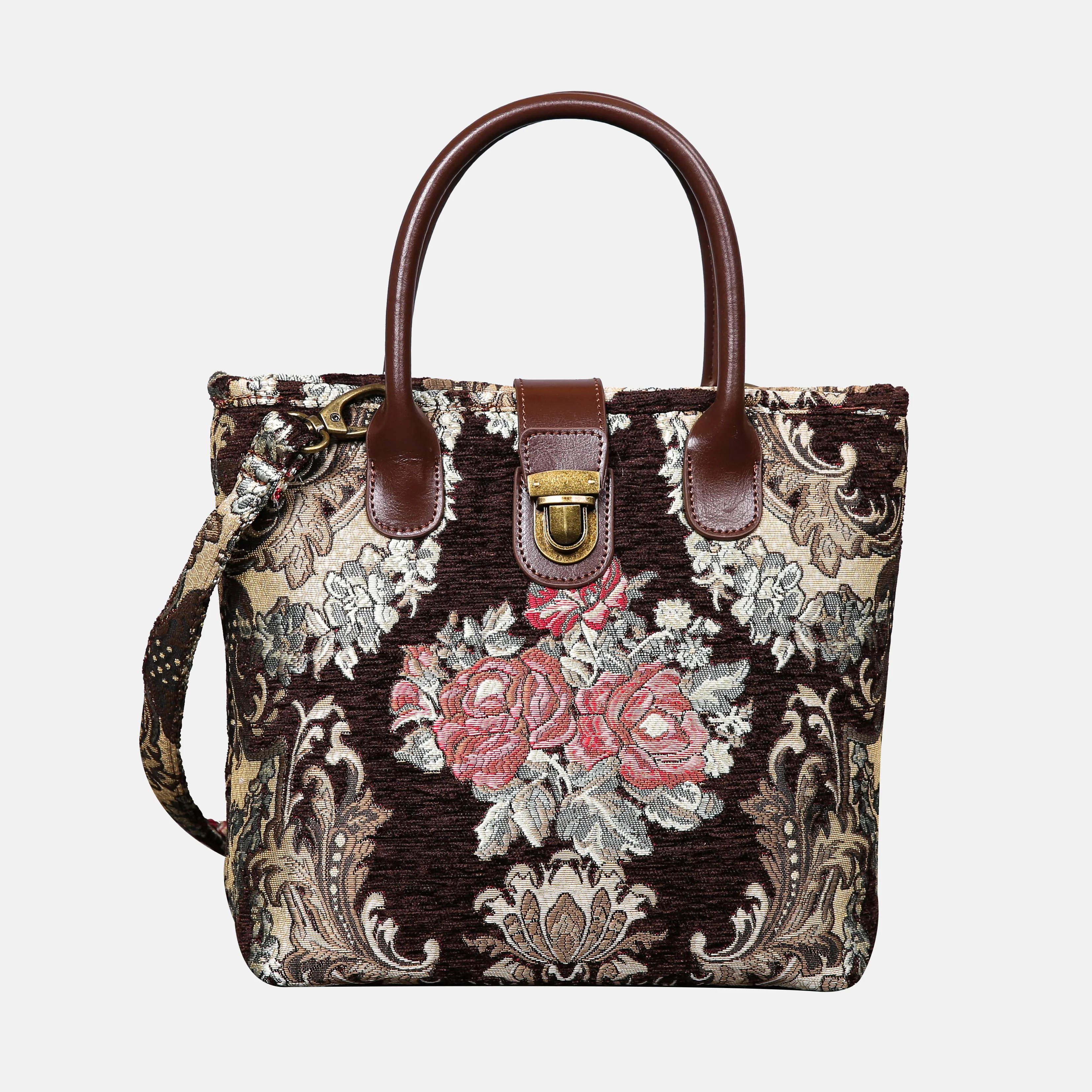 Brocade Brown Tuck Lock Carpet Satchel
