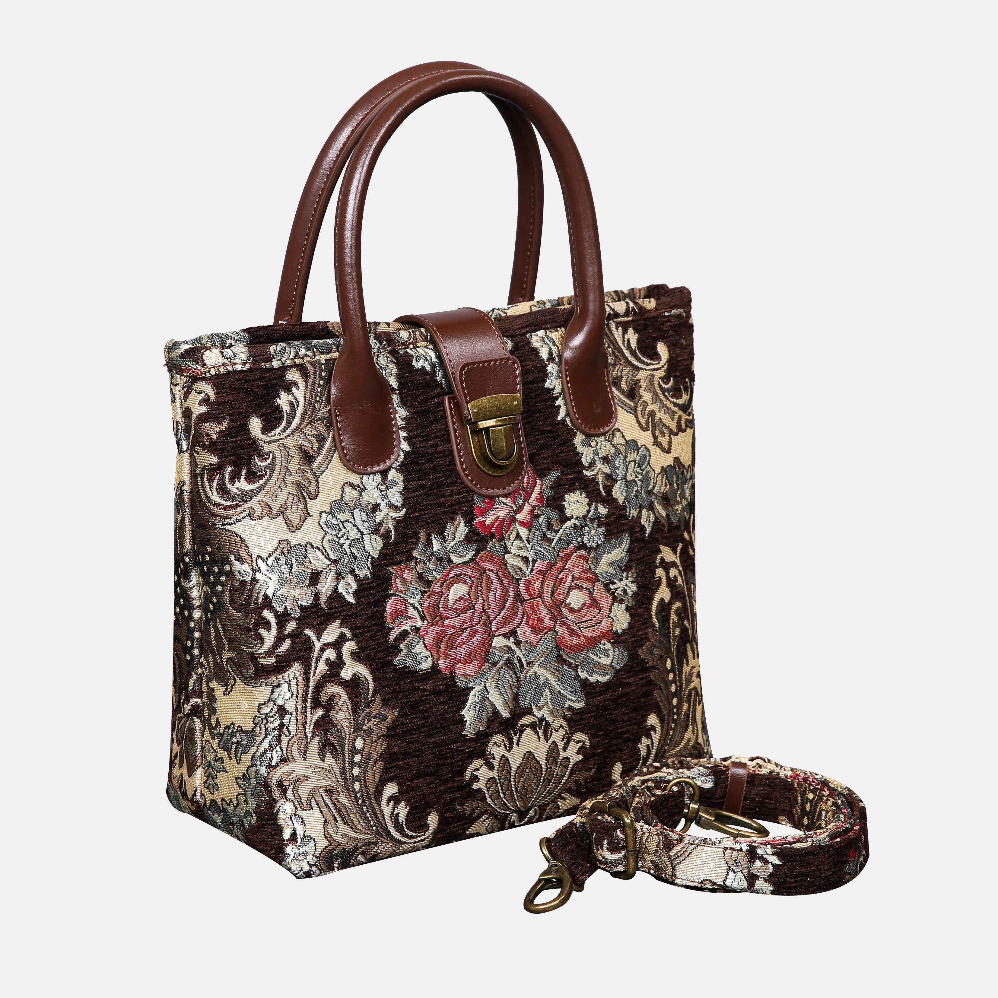 Brocade Brown Tuck Lock Carpet Satchel - Image 2