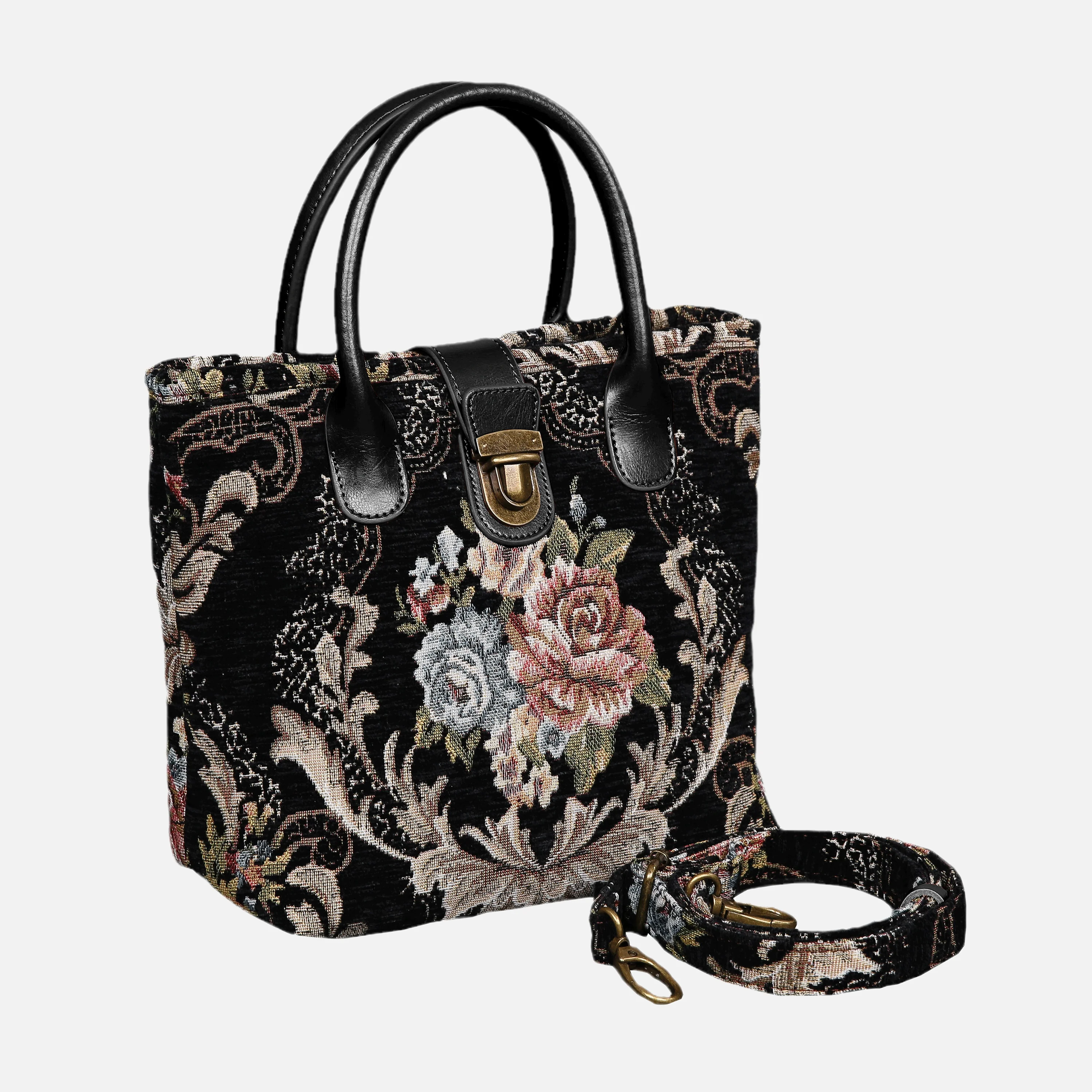 Floral Black Leather Black Tuck Lock Carpet Satchel - Image 2