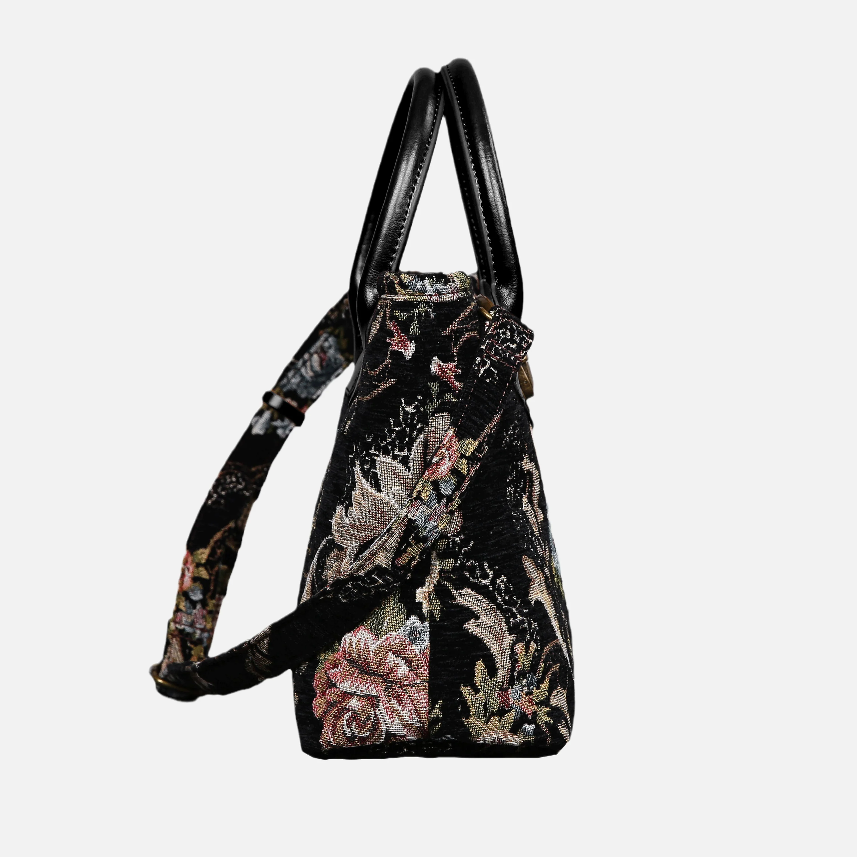 Floral Black Leather Black Tuck Lock Carpet Satchel - Image 3
