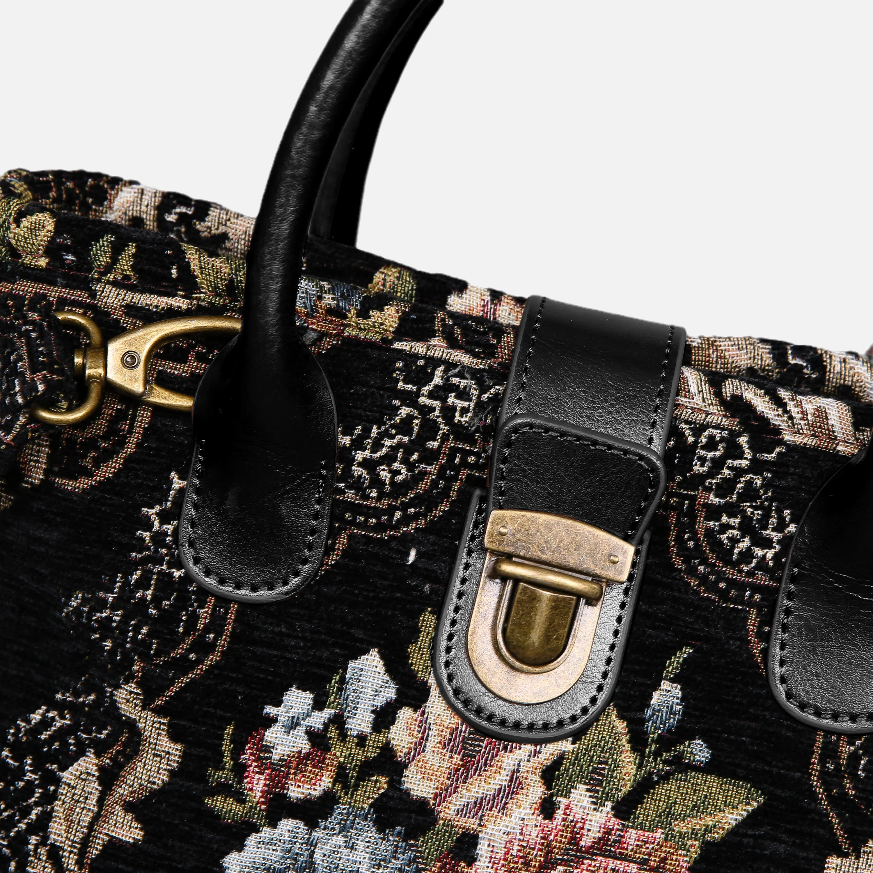 Floral Black Leather Black Tuck Lock Carpet Satchel - Image 4