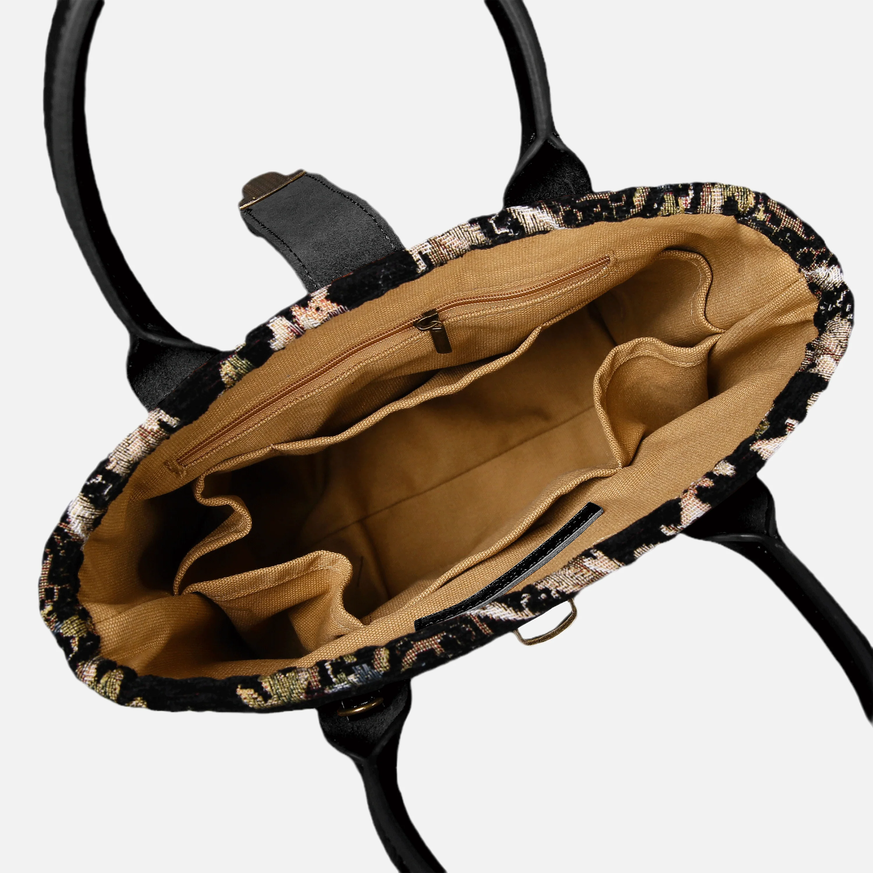 Floral Black Leather Black Tuck Lock Carpet Satchel - Image 6