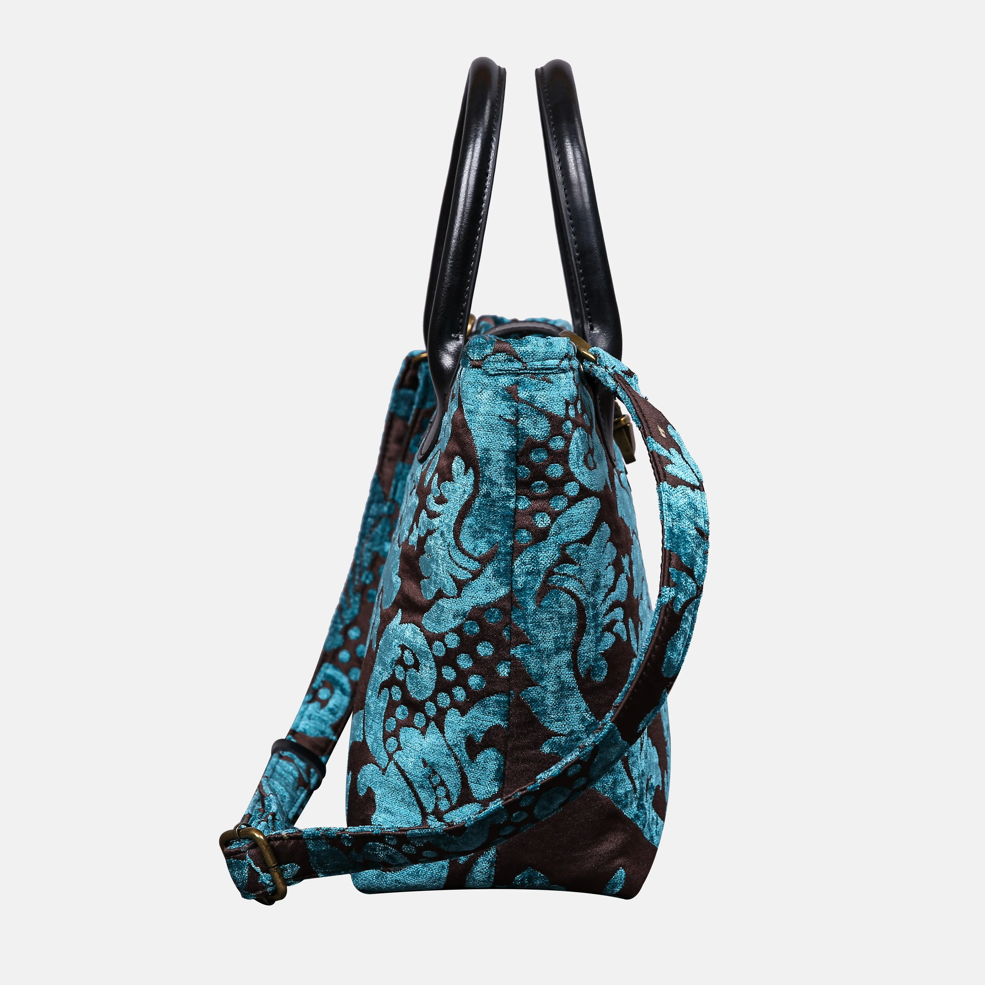 Luxury Damask Blue Tuck Lock Carpet Satchel - Image 3