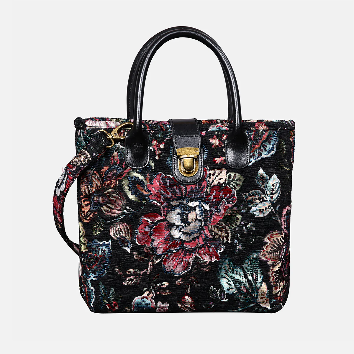 Rose Garden Black Tuck Lock Carpet Satchel