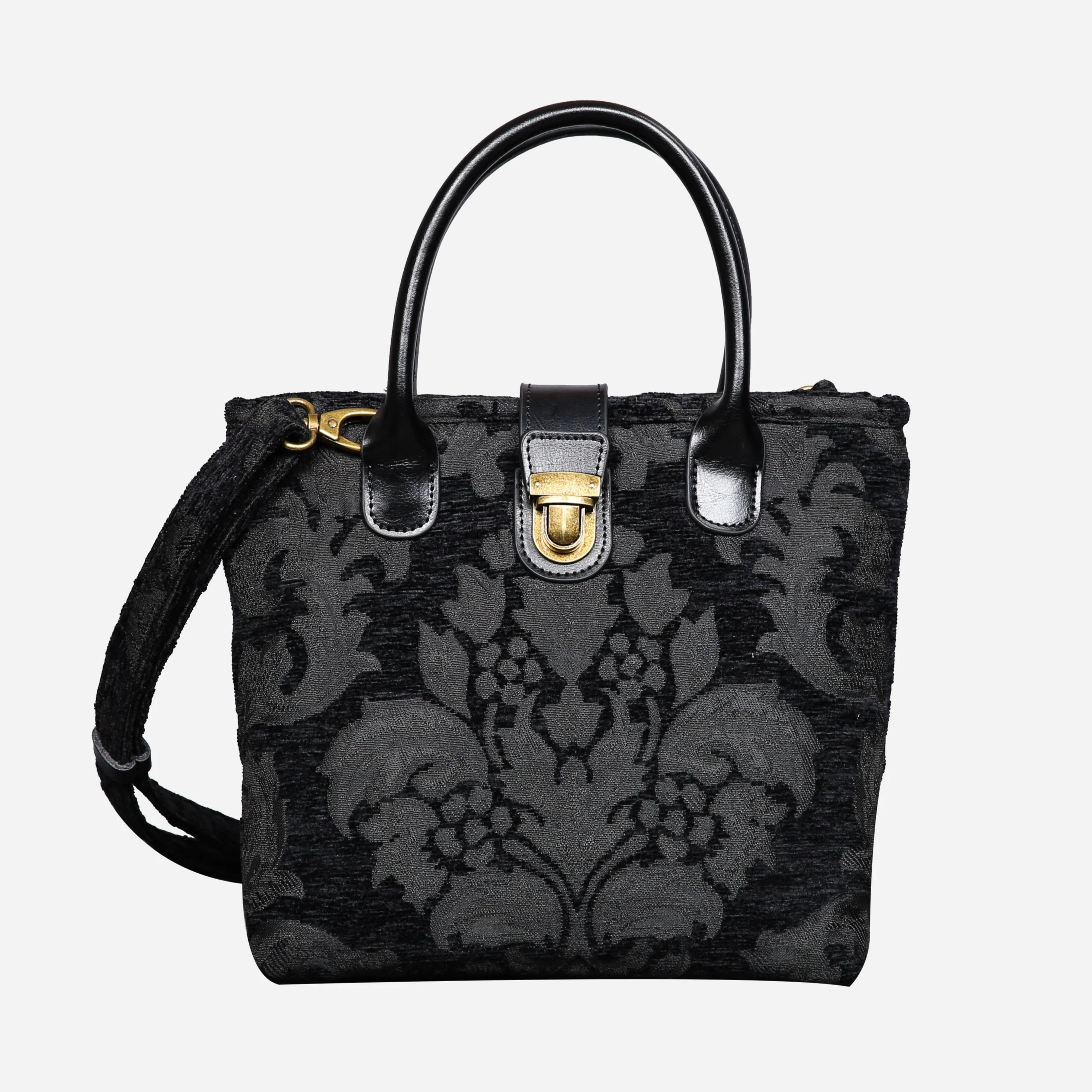 Victorian Blossom Black/Black Tuck Lock Carpet Satchel