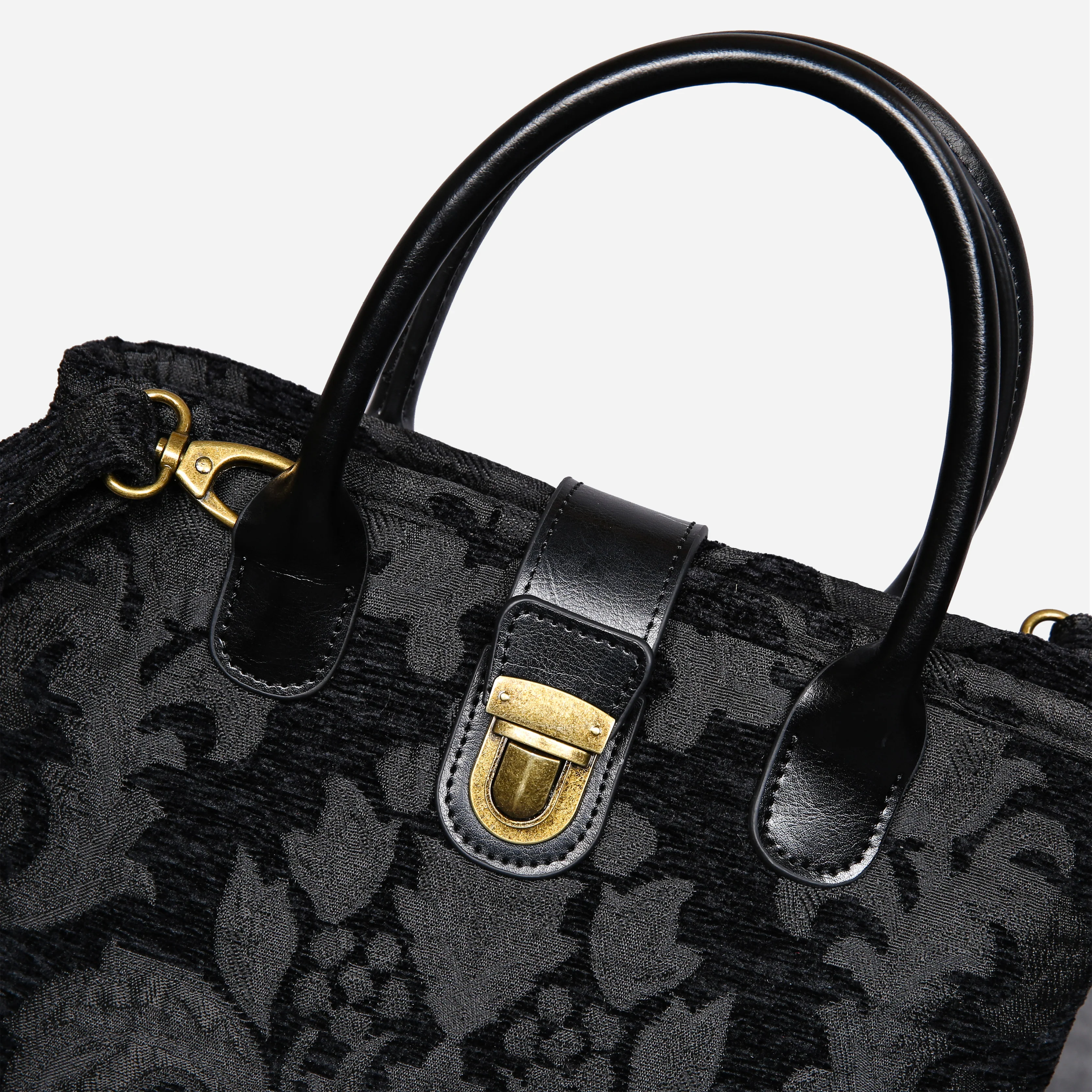 Victorian Blossom Black/Black Tuck Lock Carpet Satchel - Image 5