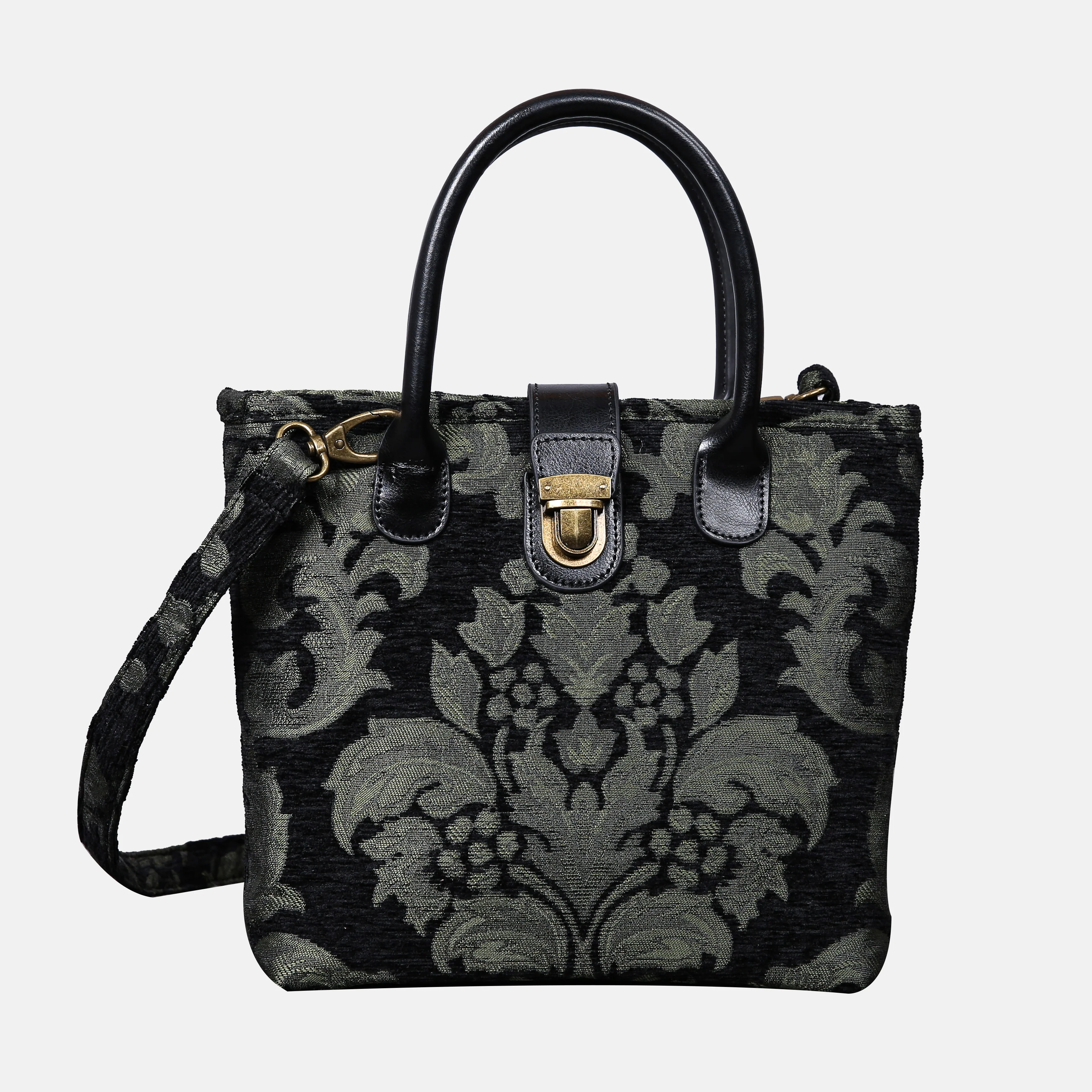 Victorian Blossom Black/Green Tuck Lock Carpet Satchel